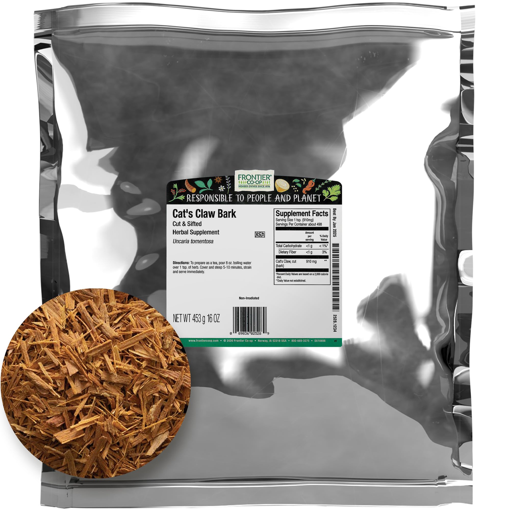 Frontier Co-op Cat's Claw Bark, 1lb Bulk Bag, Cut and Sifted - 100% Pure & Natural Cat Claw Herb, Ideal for Teas, Tinctures, and