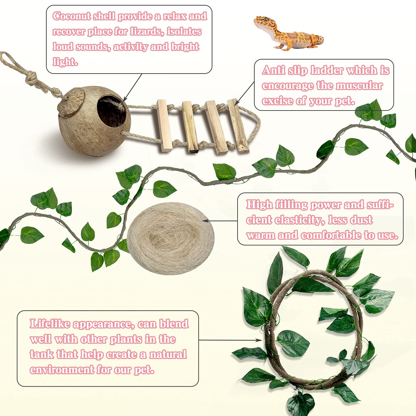 Tfwadmx Crested Gecko Coconut Hide,Leopard Gecko Coco Hut Hideout Cave With Ladder,Reptile Hanging Coconut Hut & Climbing Vine,Ideal Habitat Accessory For Hermit Crab, Snake,Lizard