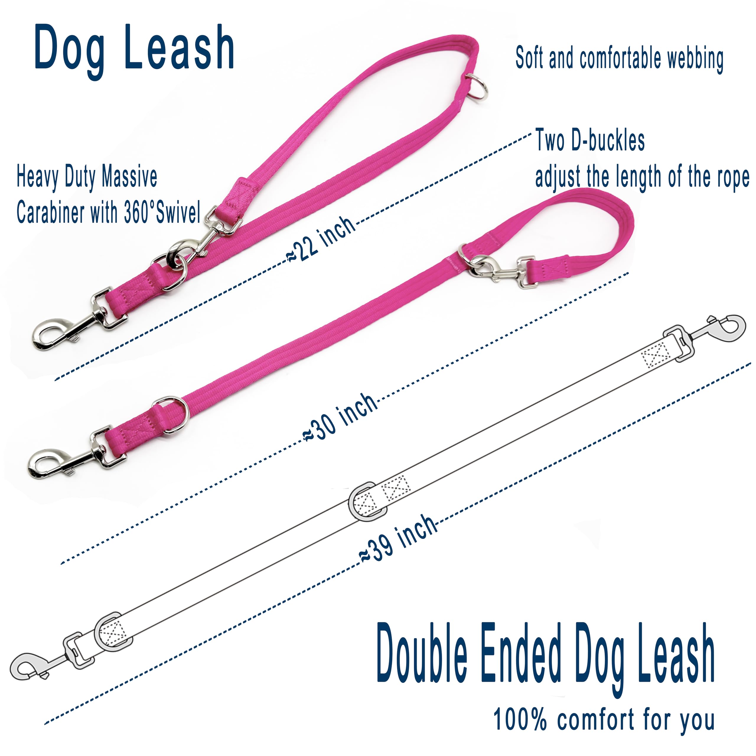 Double Ended Dog Leash,For Obedience Training Easy To Use,Lightweight,Soft For Large And Medium Dogs (Fuchsia, 1M*2.5Cm)
