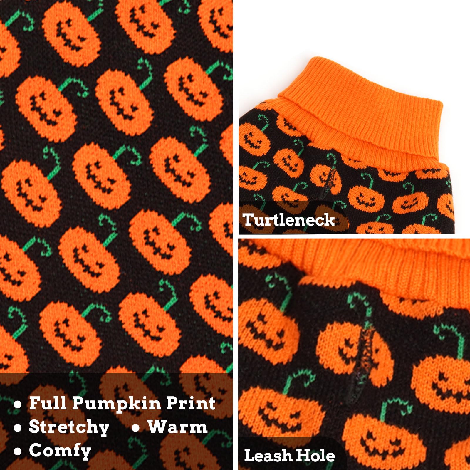 Kyeese Halloween Dog Sweater With Leash Hole Dog Sweater Pumpkin Turtleneck Dog Knitwear Warm Puppy Sweater,Xs
