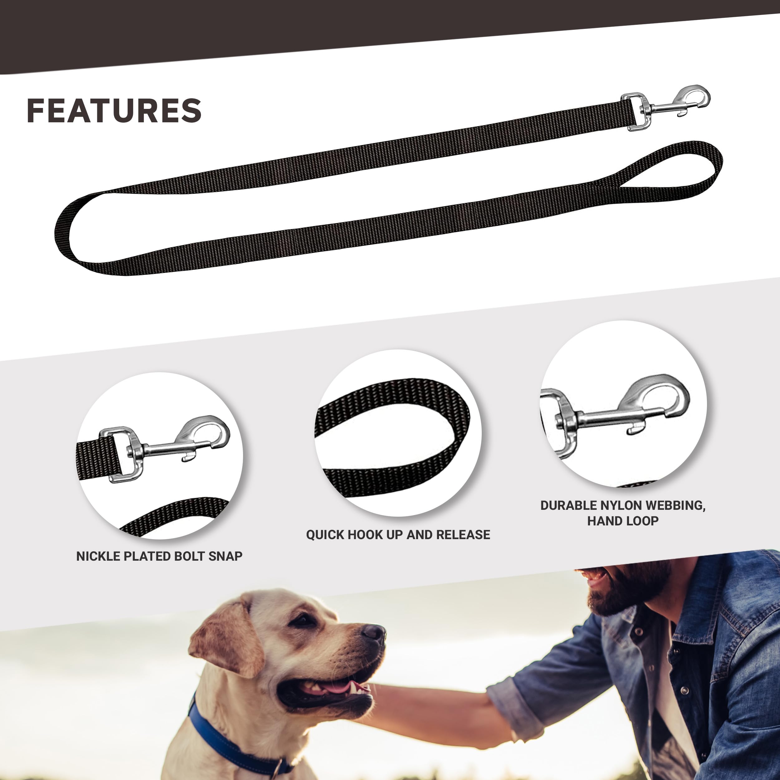 Dog Leash - Colored Heavy Duty Pet Leashes, 1 Inch X 4 Feet, Black