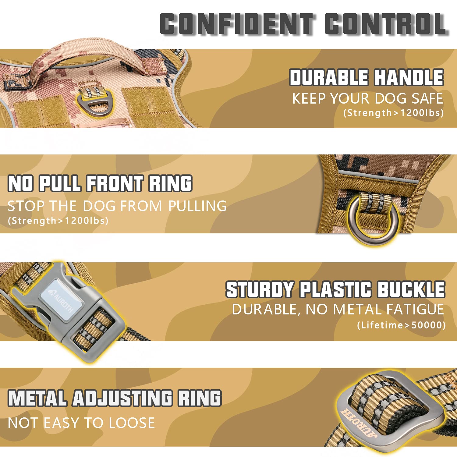 Auroth Tactical Dog Harness For Large Dogs No Pull Adjustable Pet Harness Reflective K9 Working Training Easy Control Pet Vest Military Service Dog Harnesses Desert Camo Xl