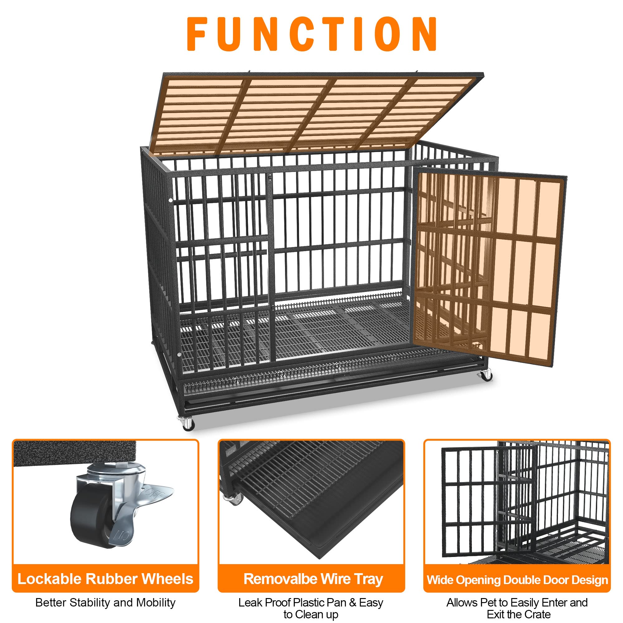 BOLDBONE Heavy Duty Indestructible Dog Crate 42-Inch Alloy Steel Black with Wheels