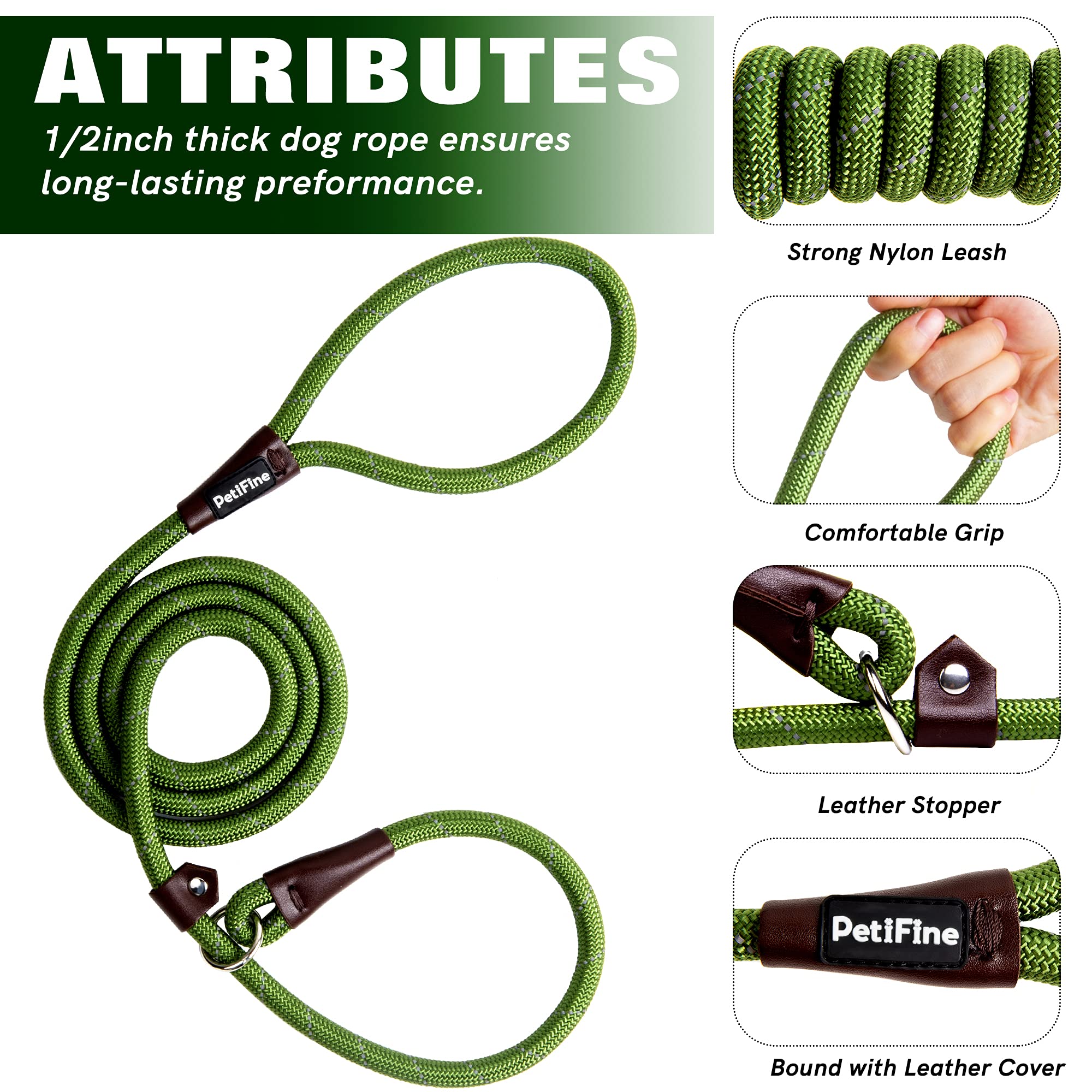 Petifine Slip Lead Dog Leash, Full Reflective Slip Knot Dog Training Leashes, Heavy Duty Adjustable Pet Nylon Slip Loop Leash For Small Medium Large Dogs(Green)