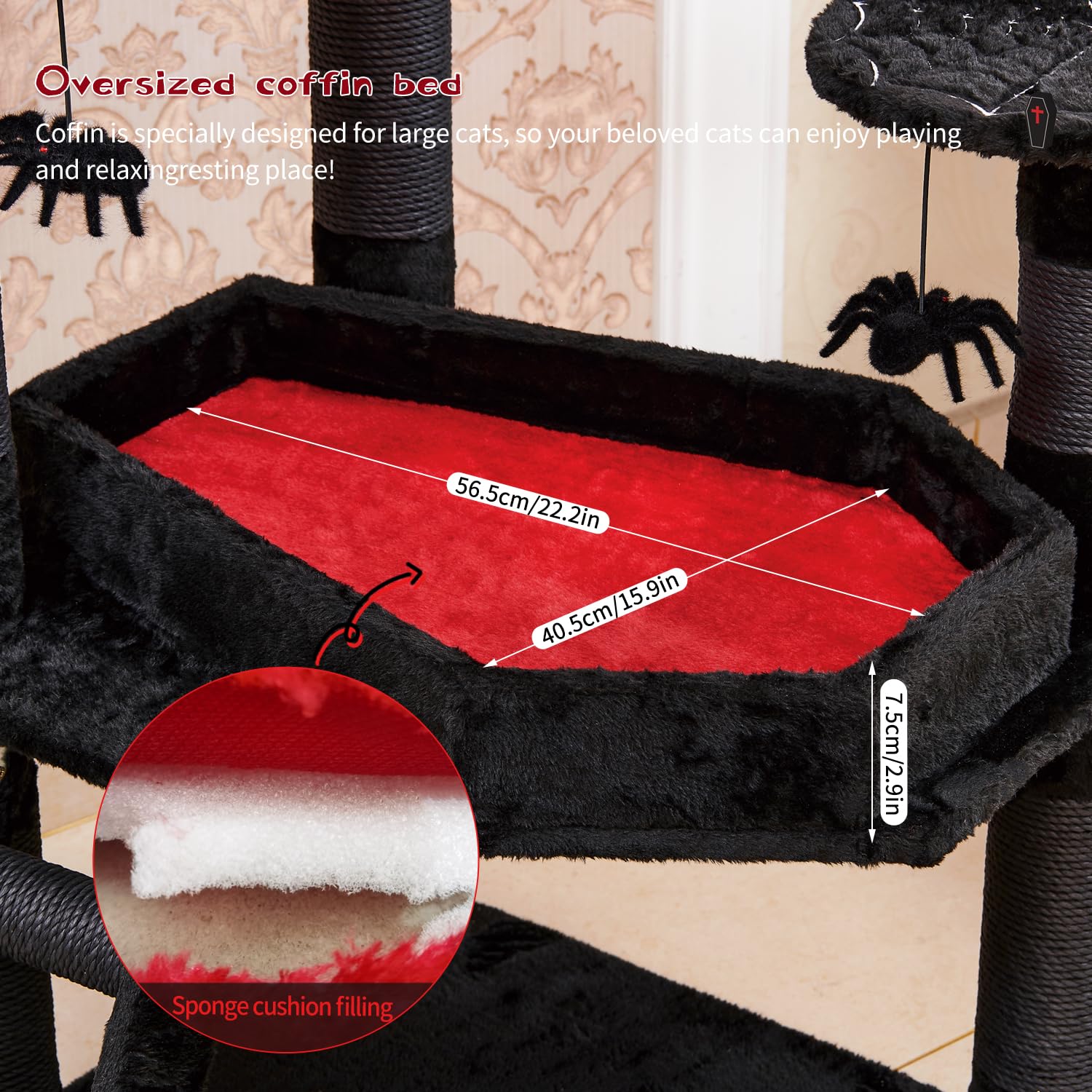 Yaruomy Gothic Cat Tree With Coffin Bed,55' Cat Tower With Spacious Cat Condo,Scratching Posts,Spider Hanging Ball,Multi-Level Cat Activities Furniture For Large Cats, Black Halloween