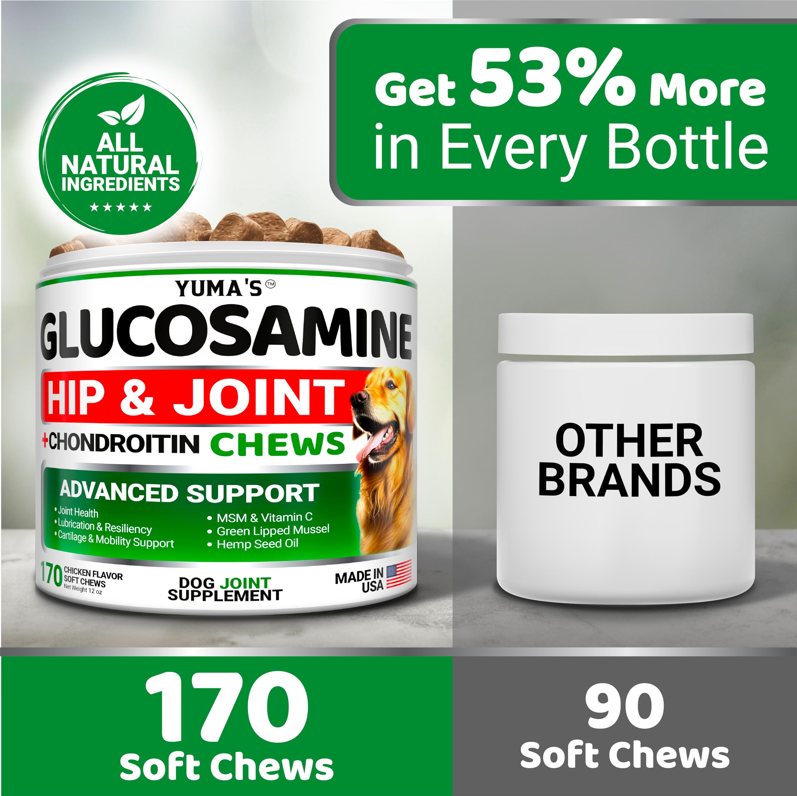 YUMA S Glucosamine for Dogs - Hip and Joint Supplement for Dogs - 170 Ct - Glucosamine Chondroitin Chews - Joint Pain Relief Su