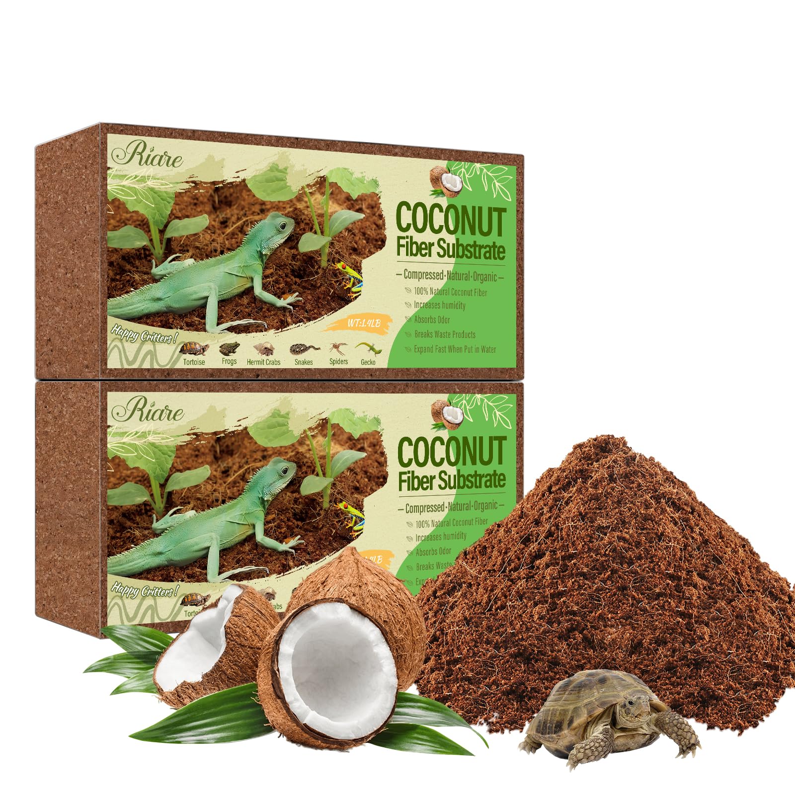 Riare 2 Pack Natural Coconut Fiber Substrate For Reptile- Premium Compressed Coconut Husk Terrarium Bedding For Reptile, Tortois