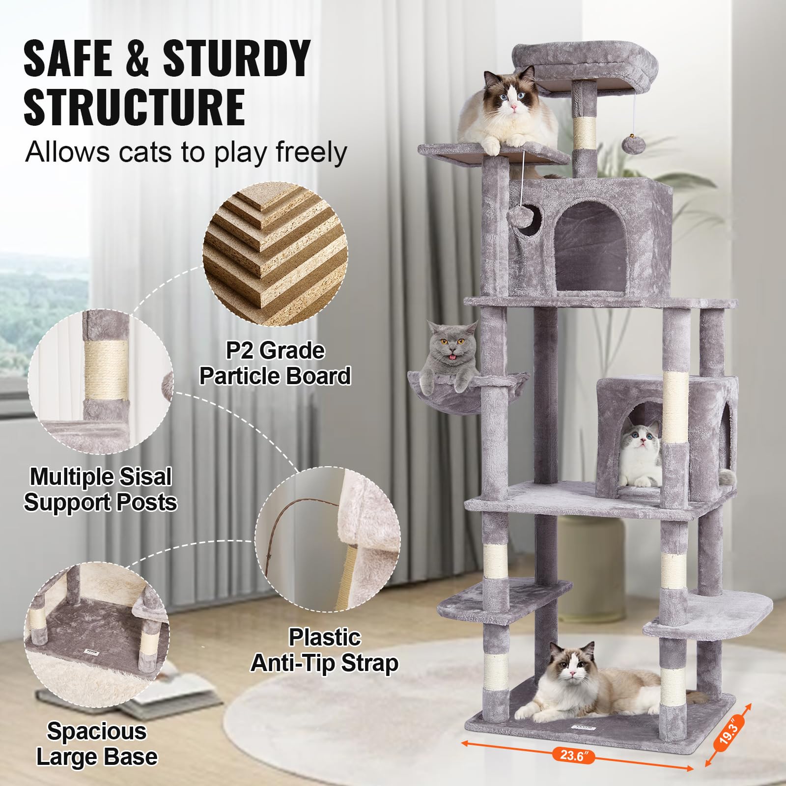 VEVOR Cat Tree 68.5 Cat Tower with Cat Condos Sisal Scratching Post Light Grey