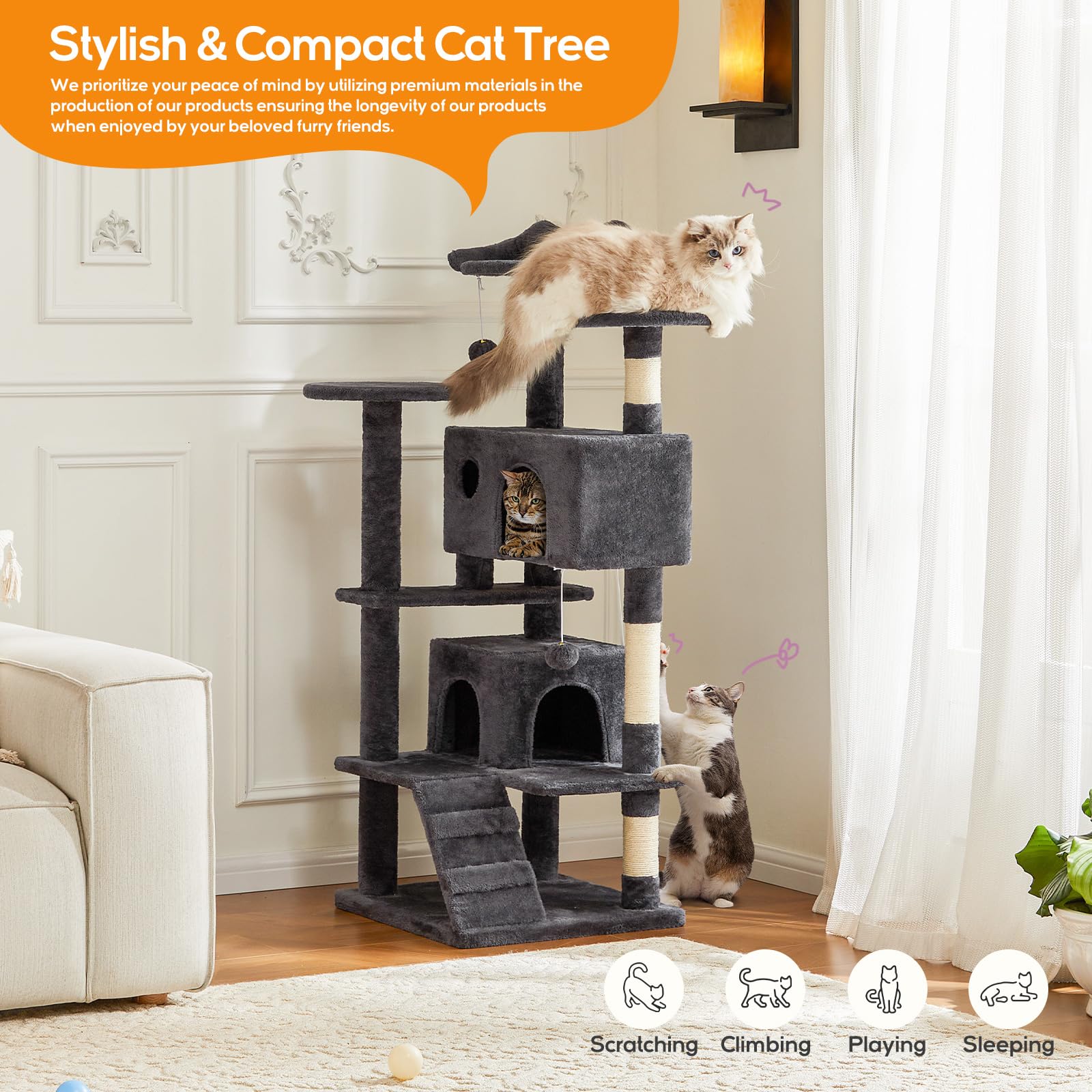 Cat Tree, 54-Inch Cat Tower for Indoor Cats with Sisal Scratching Post, Cat Play House, Large Kitty Condo, Plush Multi-Level wit