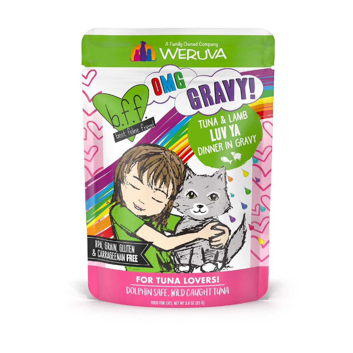 Weruva B.F.F. Omg - Best Feline Friend Oh My Gravy!, Tuna & Lamb Luv Ya With Tuna & Lamb In Gravy Cat Food, 3Oz Pouch (Pack Of 12)