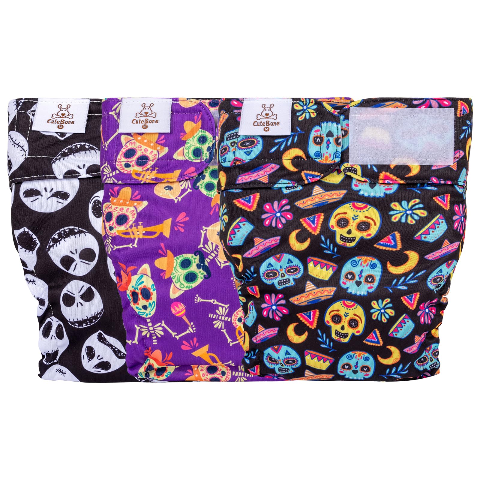 Cutebone Washable Halloween Dog Diapers Female No Tail Hole 3 Pack Reusable Doggie Period Training Pants For Docked-Tail Frenchi