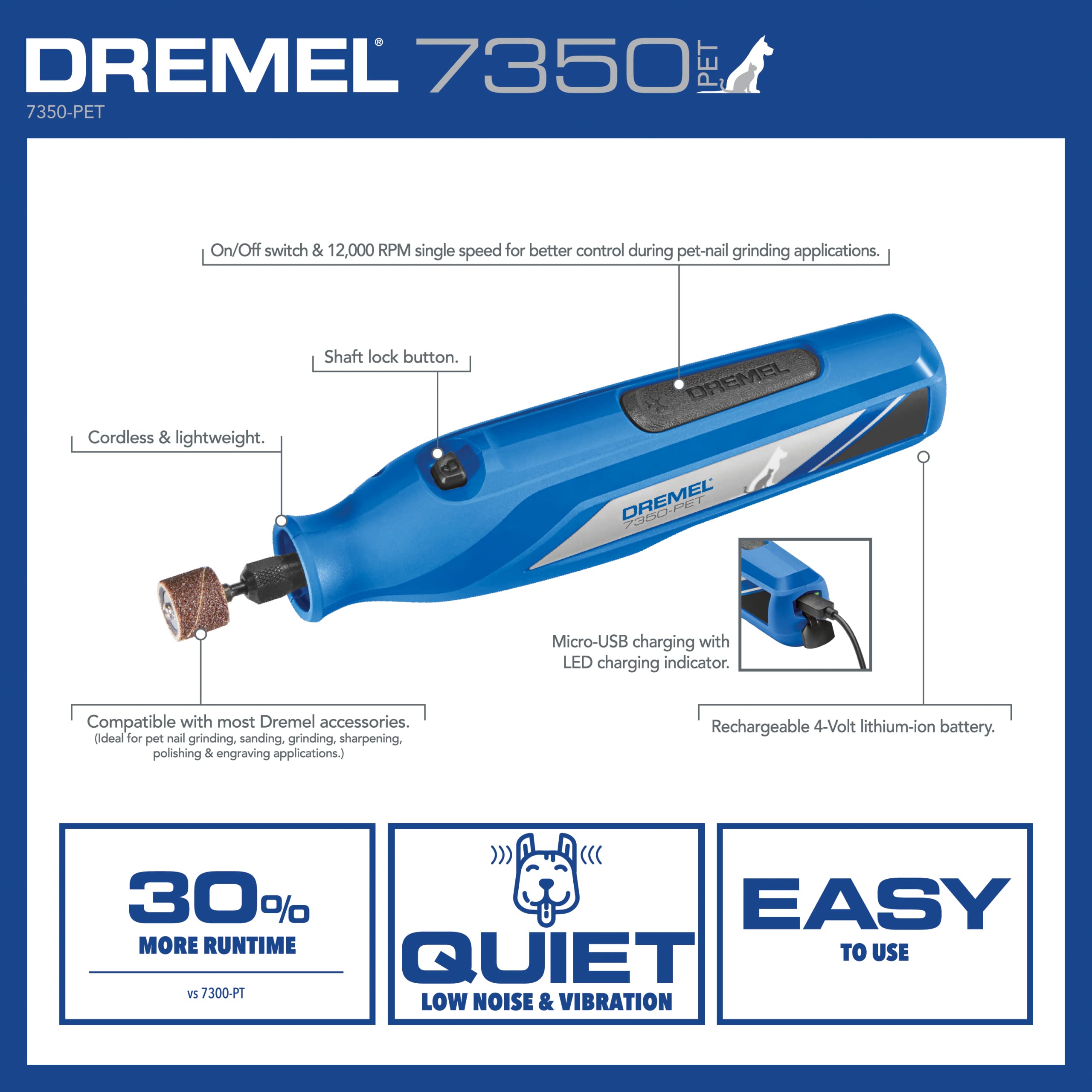 Dremel 7350-PET 4V Pet Nail Grinder - Safe & Easy Trimmer for Dogs & Cats - Professional Grooming Kit, Original Size