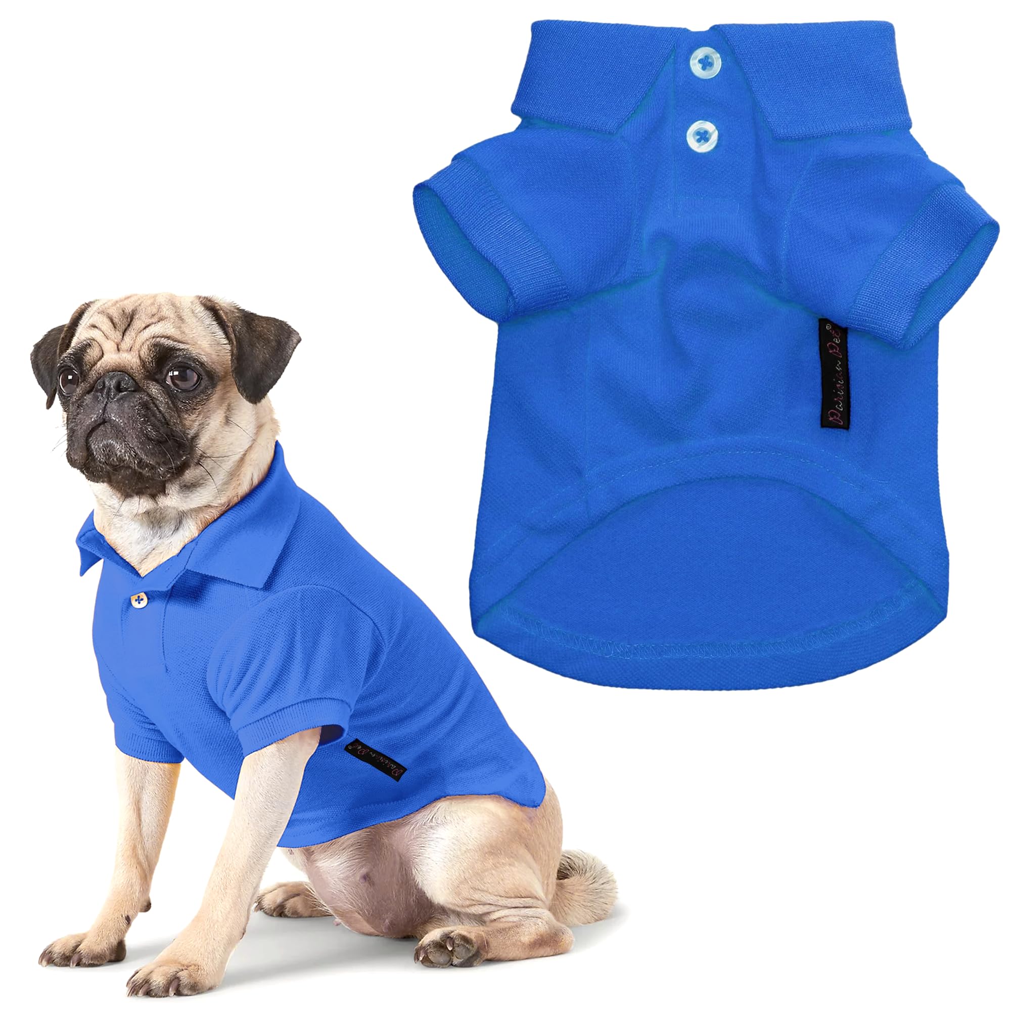 Parisian Pet Dog Polo Shirts - Breathable Cotton Shirt - Solid Blue, Summer Pullover - Button Up Collar Polo For Small Dogs