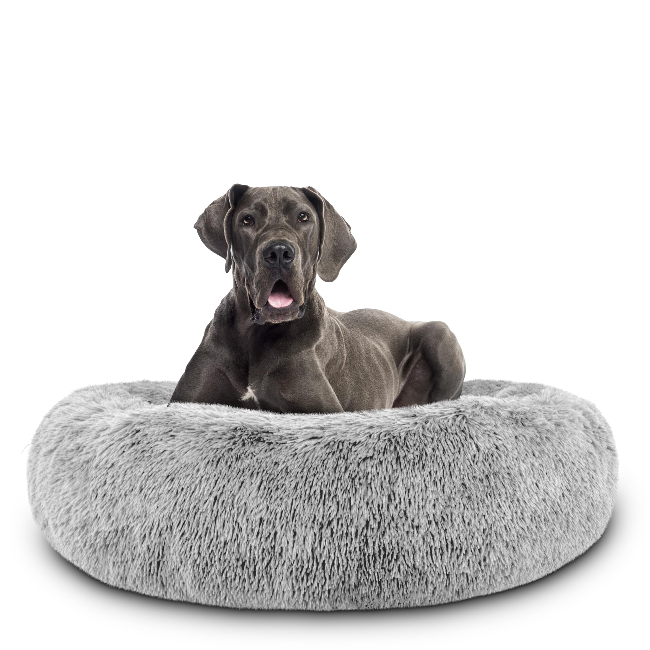 The Dogs Bed Sound Sleep Donut Dog Bed, XXL Silver Grey Fur Calming Nest Bed Removable Cover, Veterinary Approved