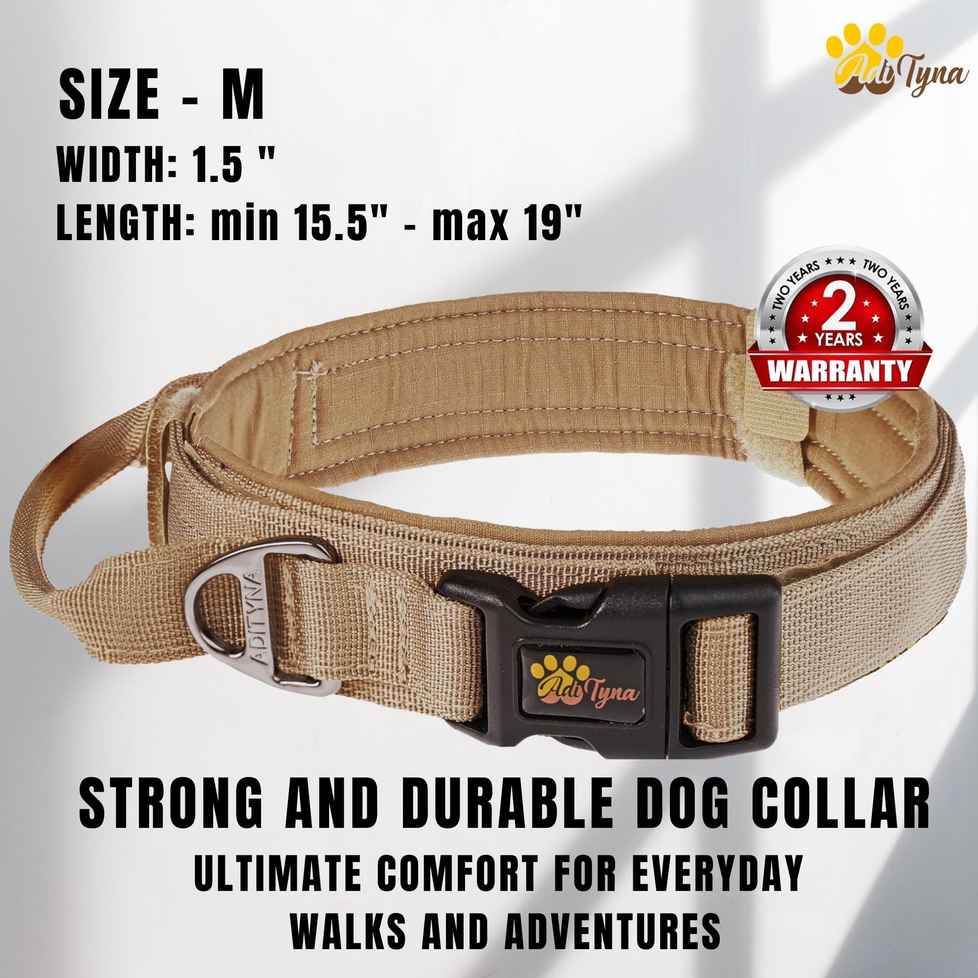 Adityna Tactical Dog Collar For Medium Dogs - Soft Padded, Heavy Duty, Service, Adjustable, Military, K9 Medium Collar With Hand