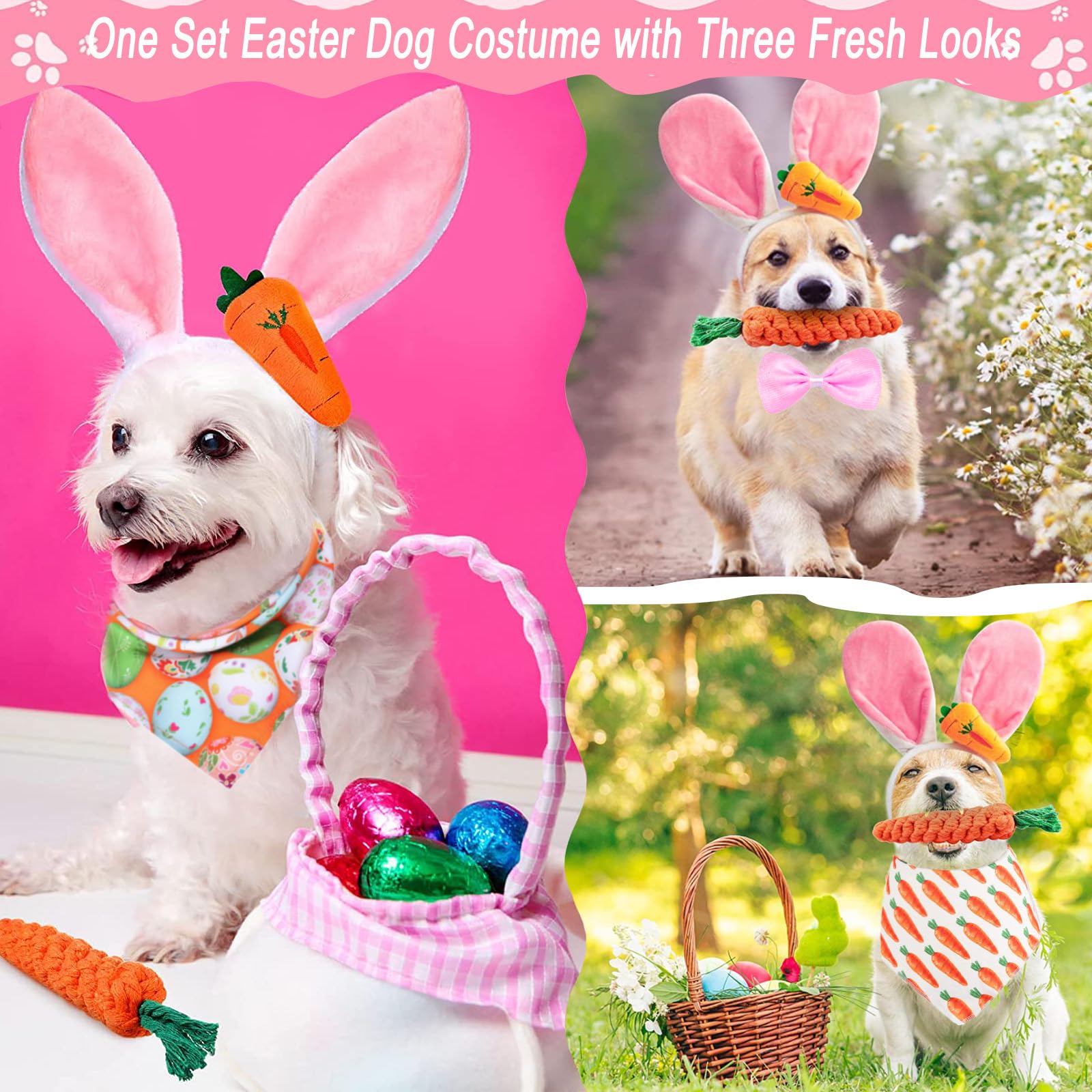 4 Pcs Easter Dog Costumes Cute Bunny Ears Headband Reversible Eggs Puppy Bandana Bowtie Pink Easter Outfits For Small Medium Lar
