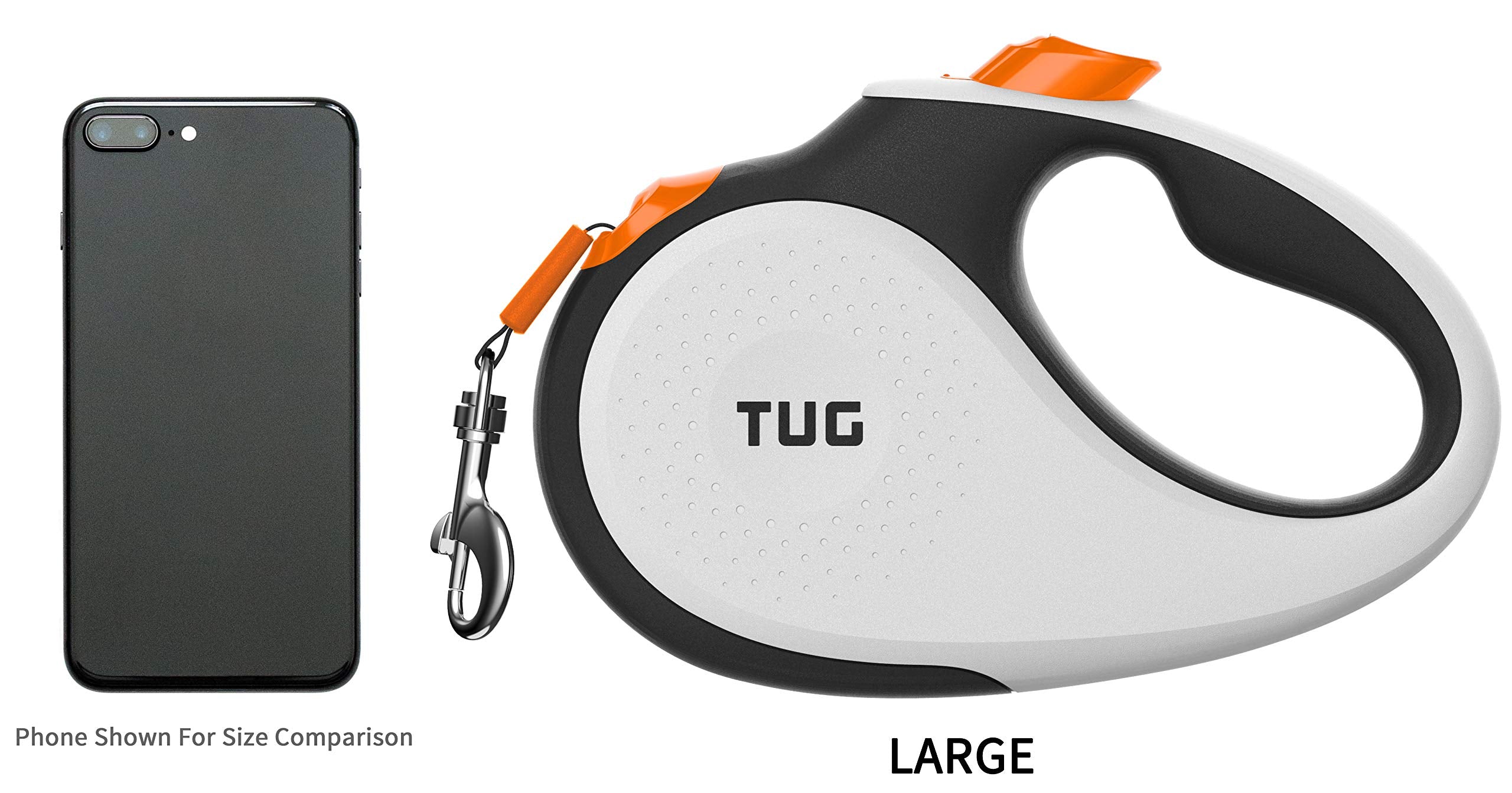Tug 360?Tangle-Free Retractable Dog Leash With Anti-Slip Handle | 16 Ft Strong Nylon Tape | One-Handed Brake, Pause, Lock (Large, White/Orange)
