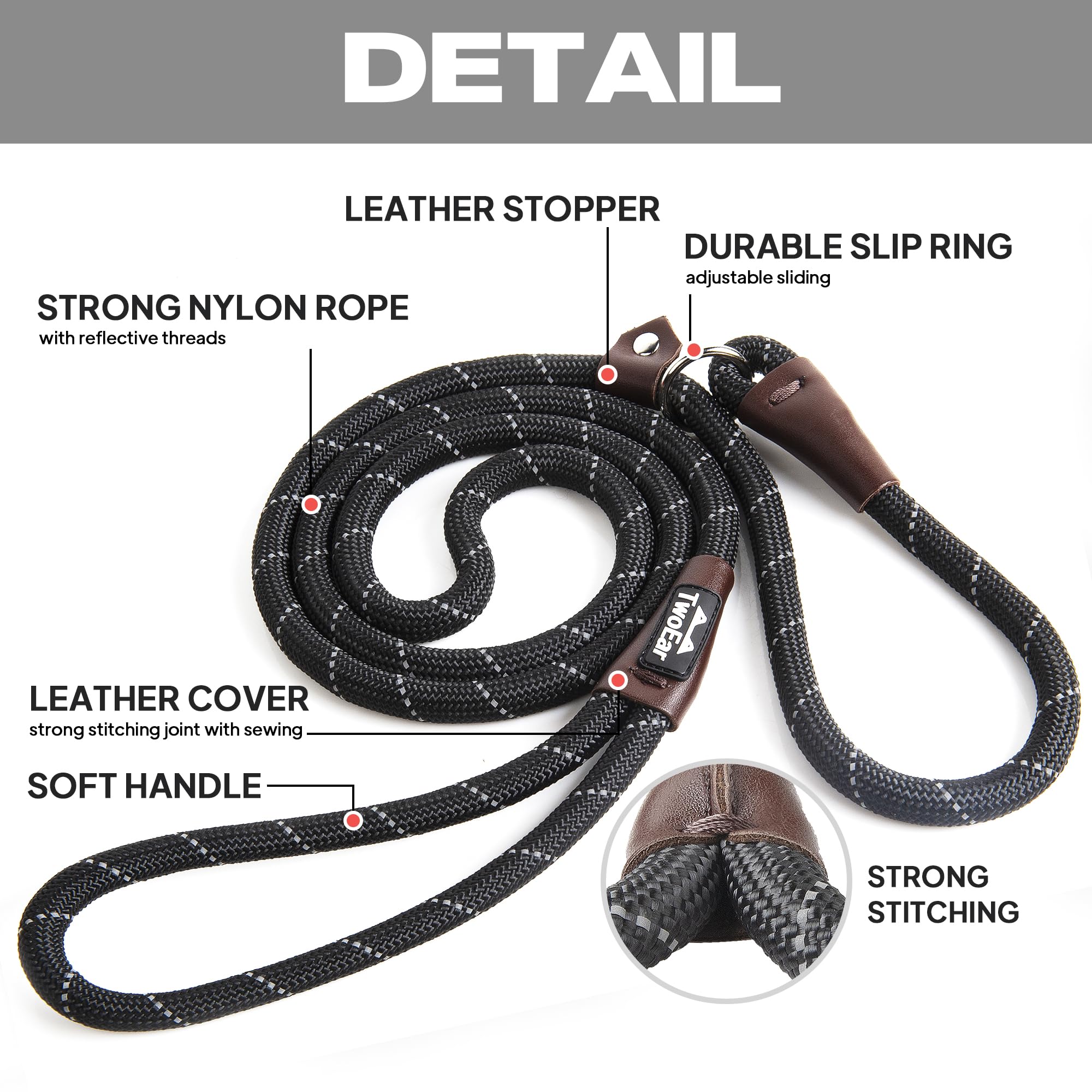 Twoear Dog Leash Dog Slip Rope Leash 6Ft Dog Training Leash Heavy Duty Strong Slip Lead Highly Reflective Threads For Small Medium And Large Dogs (Slim(3/8''X6Ft), Black)