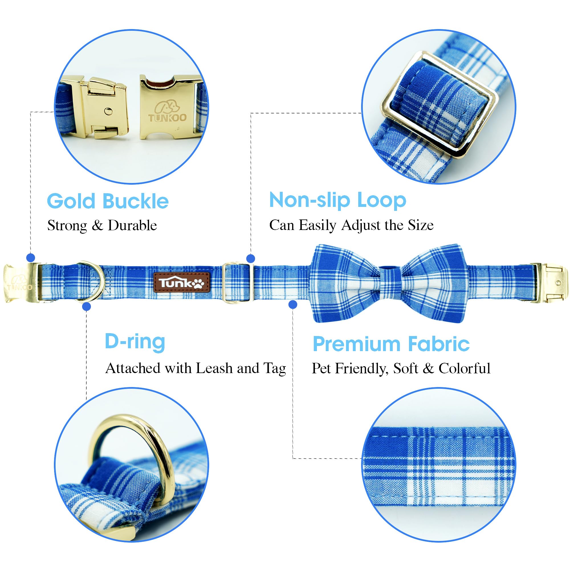 Tunkoo Blue Plaid Dog Collar With Bow Tie - Fashionable Spring Summer Checkered Dog Collar - Adjustable Small Medium Large Colla