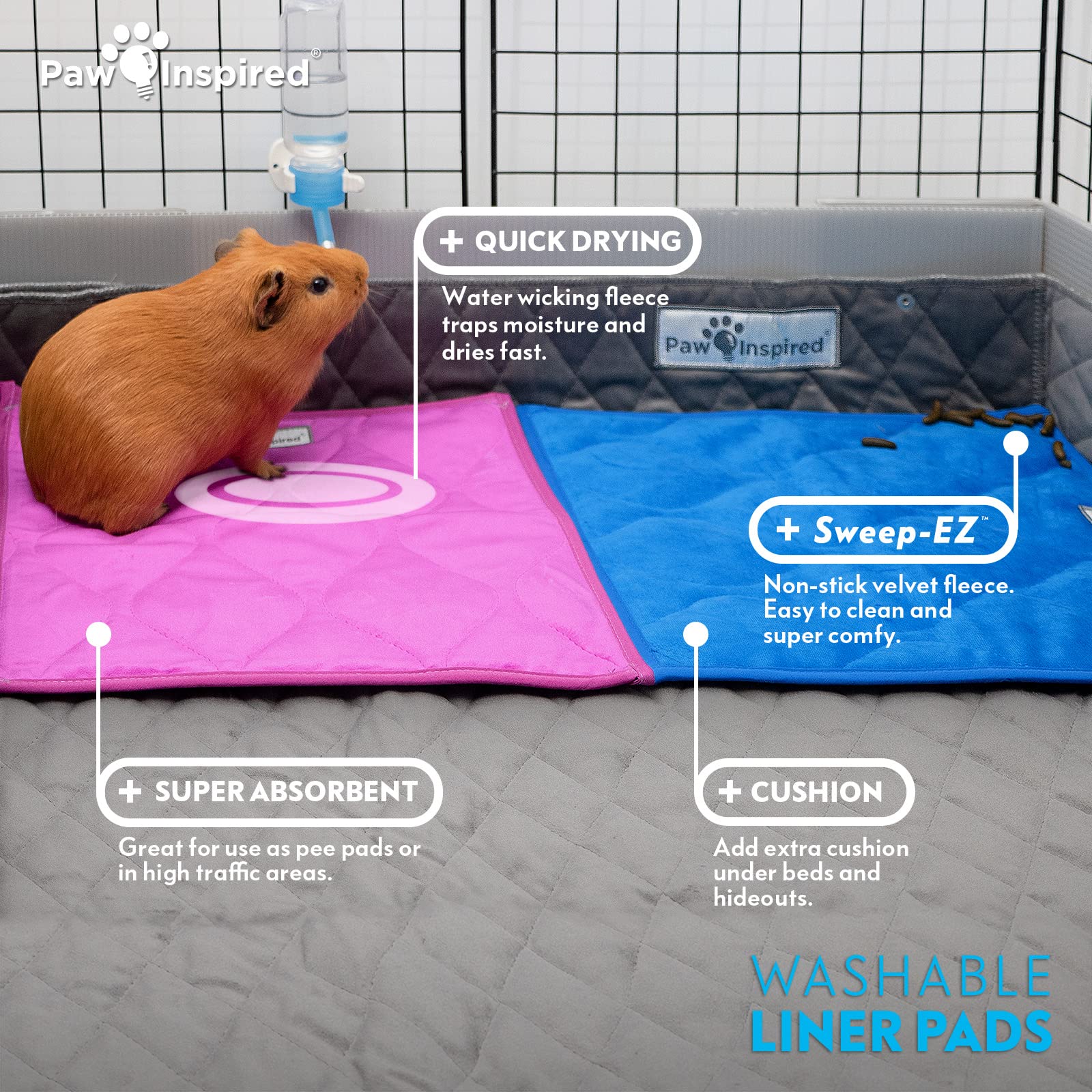 Paw Inspired Guinea Pig Cage Liner Pads | Washable Fleece Bedding, Waterproof Bottom | Super Absorbent Pee Pad Or Pet Bed Mat Fo