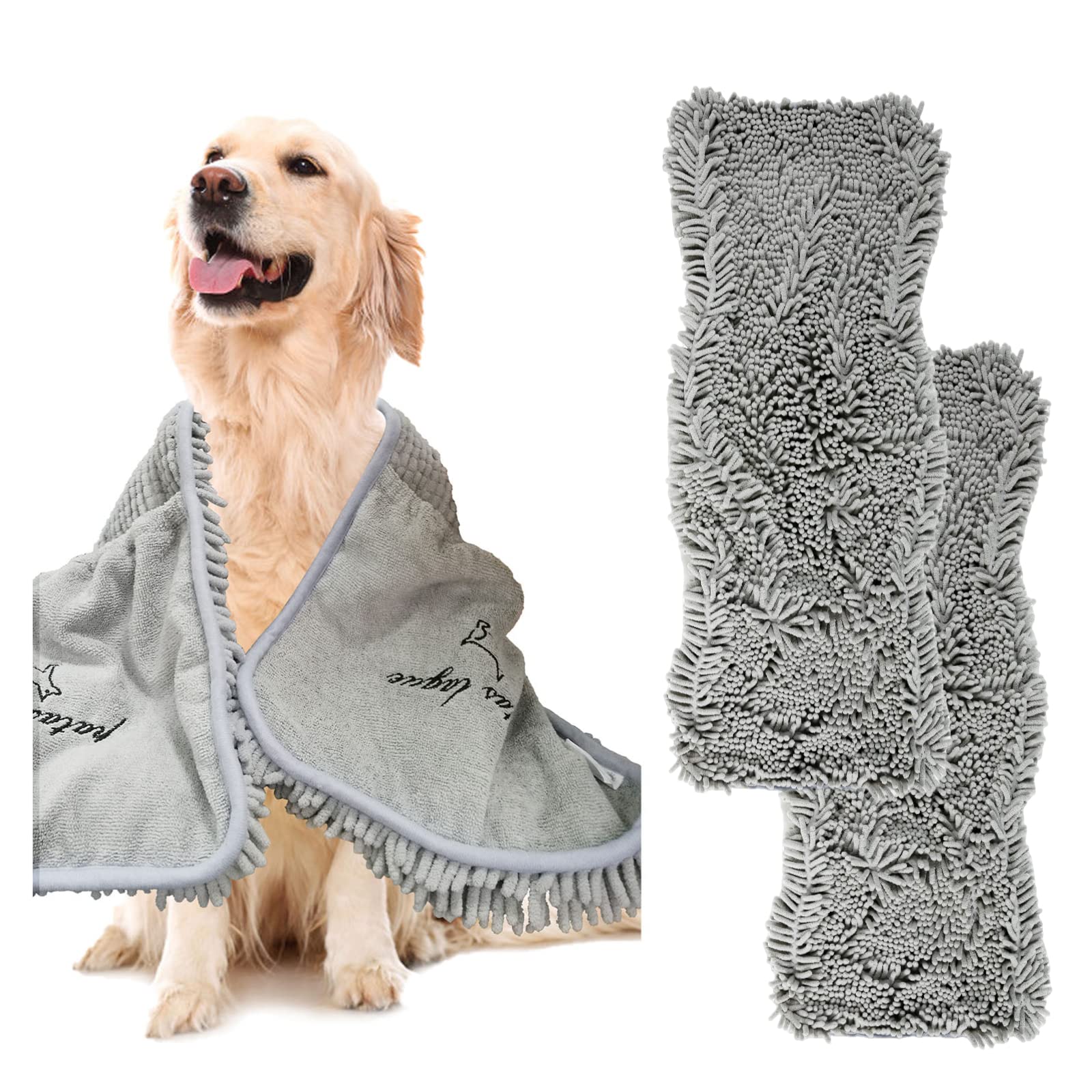 Patas Lague 2 Pack Absorbent Dog Towel For Drying Dogs Large, 35''X15'' Extra Large Microfiber Quick Drying Pet Bath Towel With Hand Pockets, Machine Washable Pet Shammy 2Grey