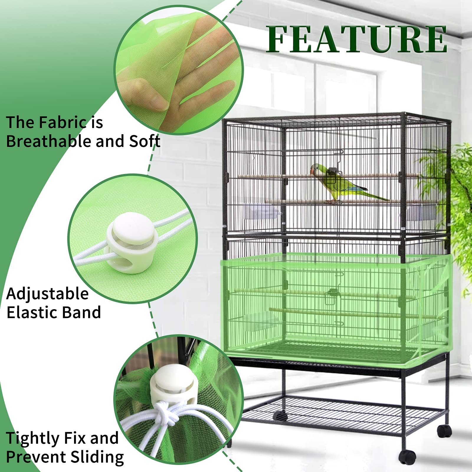 Daoeny Large Bird Cage Cover, Bird Cage Seed Catcher, Adjustable Soft Airy Nylon Mesh Net, Birdcage Cover Skirt Seed Guard For Parrot Parakeet Macaw African Round Square Cages (Green)