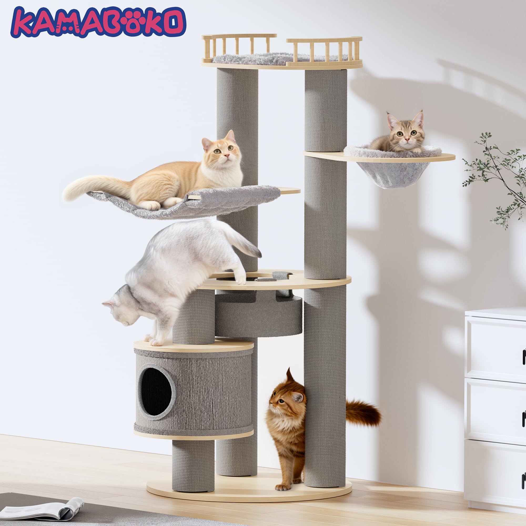 Kamaboko 66'' Extra Large Cat Tree, Tall Cat Tree - 5 Levels Wood Cat Tower W/Cat Condo, Hammocks & Hanging Basket For 2 Cats