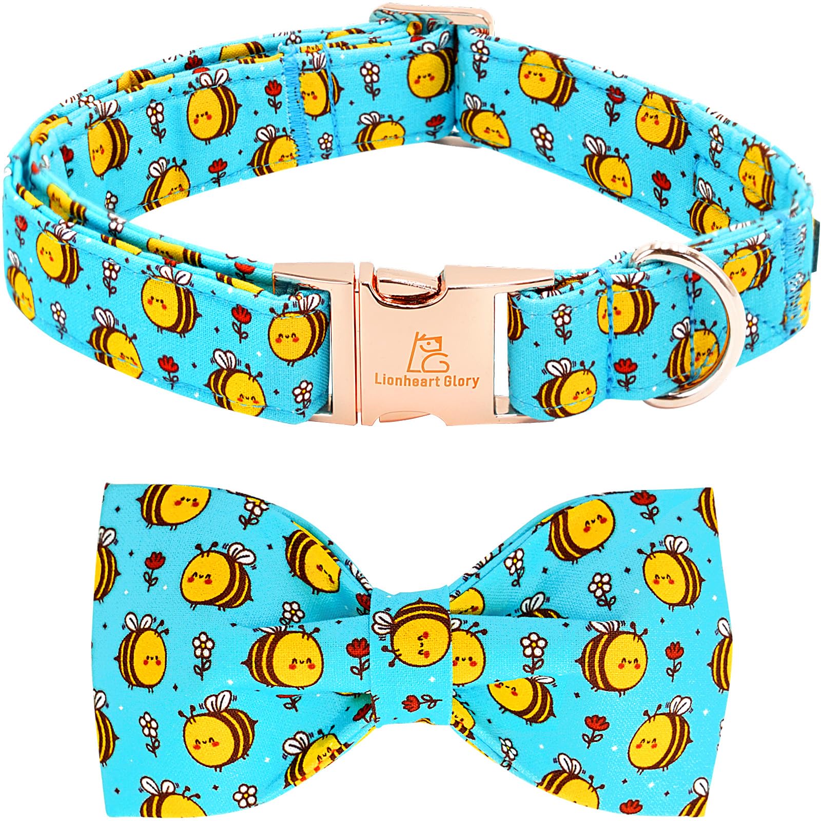 Lionheart Glory Dog Collar, Blue Dog Bow Collar Boy Girl Dog Collars With Bow Adjustable Bees Print Bowtie Collar For Large Dogs