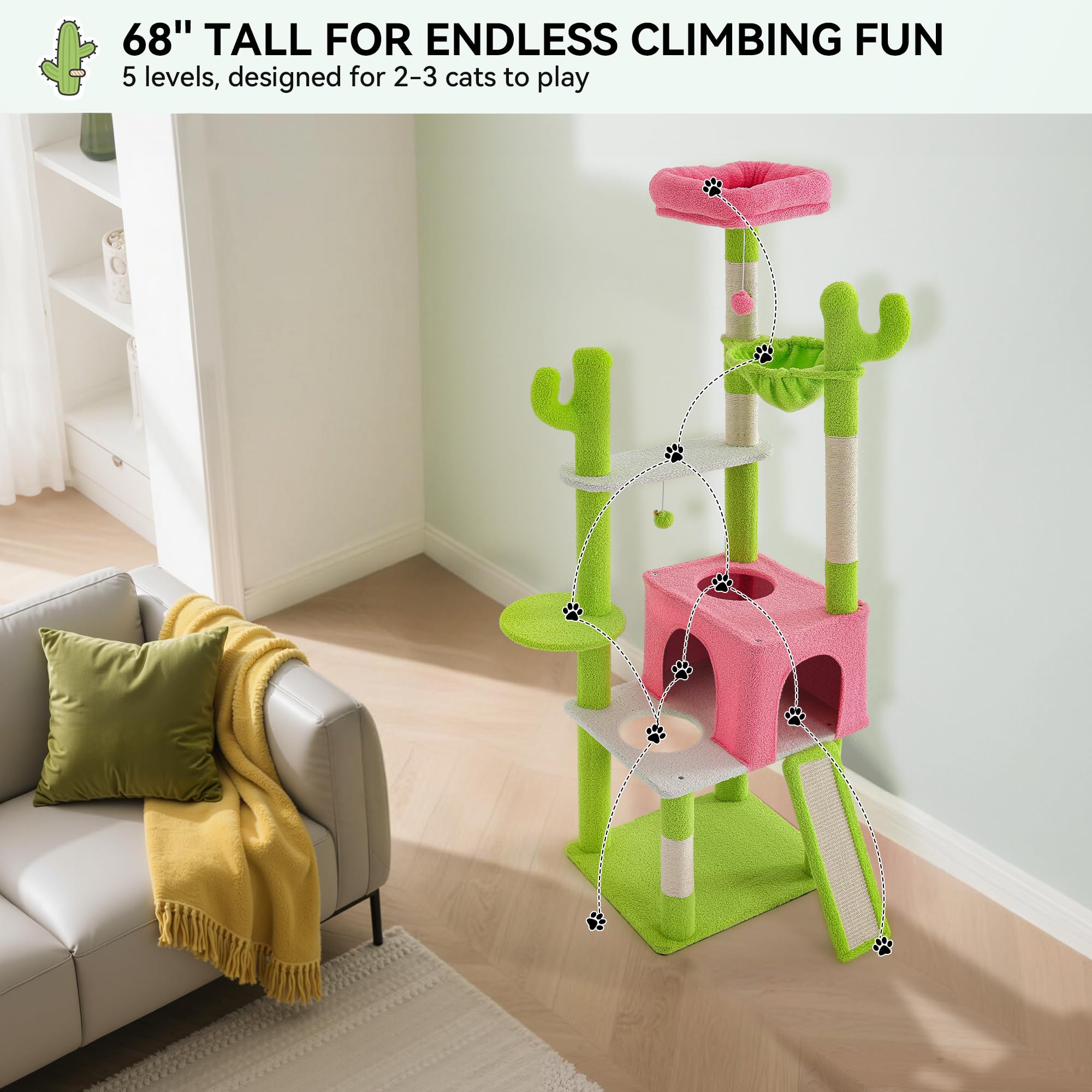 YITAHOME Tall Cactus Cat Tree: 68 in Cats Tower Activity Center with Sisal Posts, Hanging Balls, Nest, Pet Climbing Furniture Id