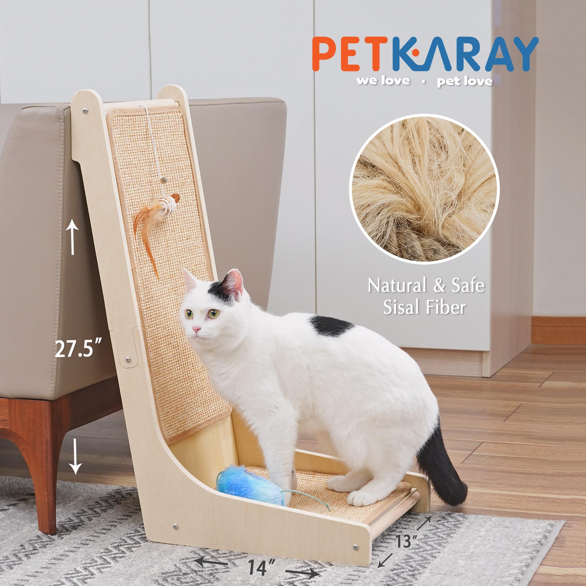Petkaray 105 Cat Scratcher, Sisal Kitty Scratch Pad, L Shape Scratching Board For Indoor Cats, Floor Mounted Scratcher With Mous