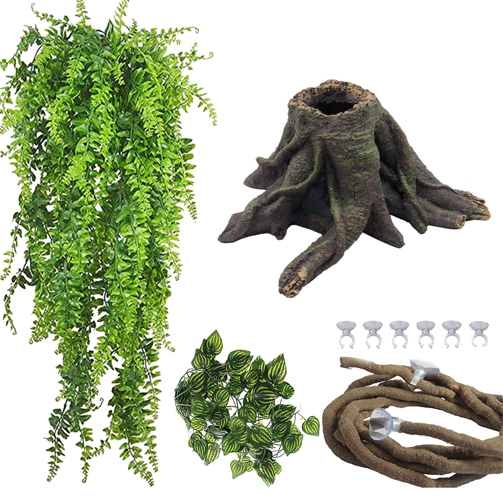 PINVNBY Bearded Dragon Tank Accessories,Crested Gecko Tree Stump Decorations Resin Reptile Hollow Tree Root Habitat Hideouts Cav