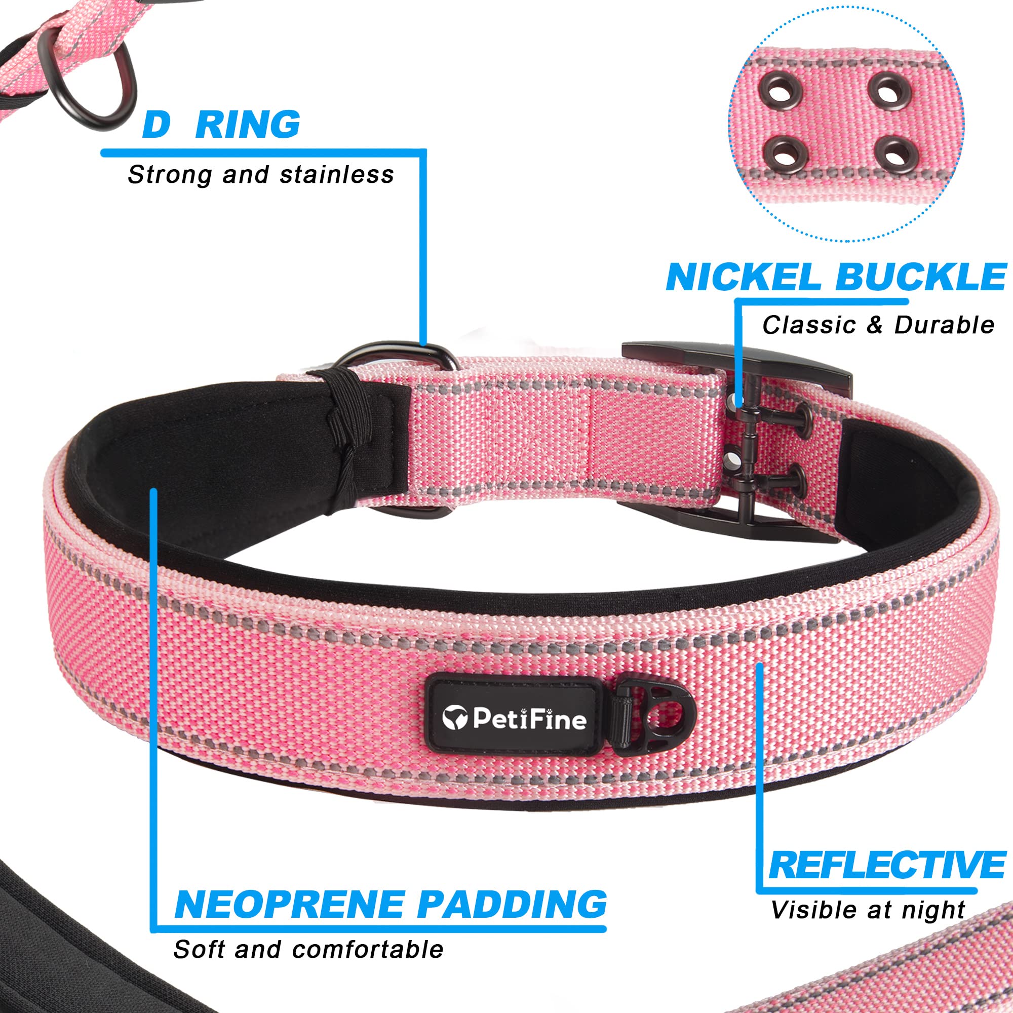 PetiFine Neoprene Padded Dog Collar, Heavy Duty Comfort Dog Collar with Durable Metal Buckle, Reflective Adjustable Belt Buckle