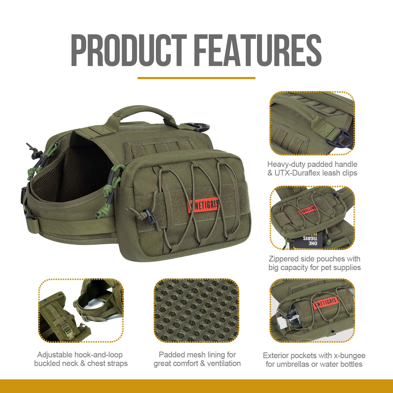 Onetigris Dog Backpack For Medium & Large Dogs, Nylon Backpack For Dogs Tactical Pet Backpack With Side Pockets For Hiking Walki