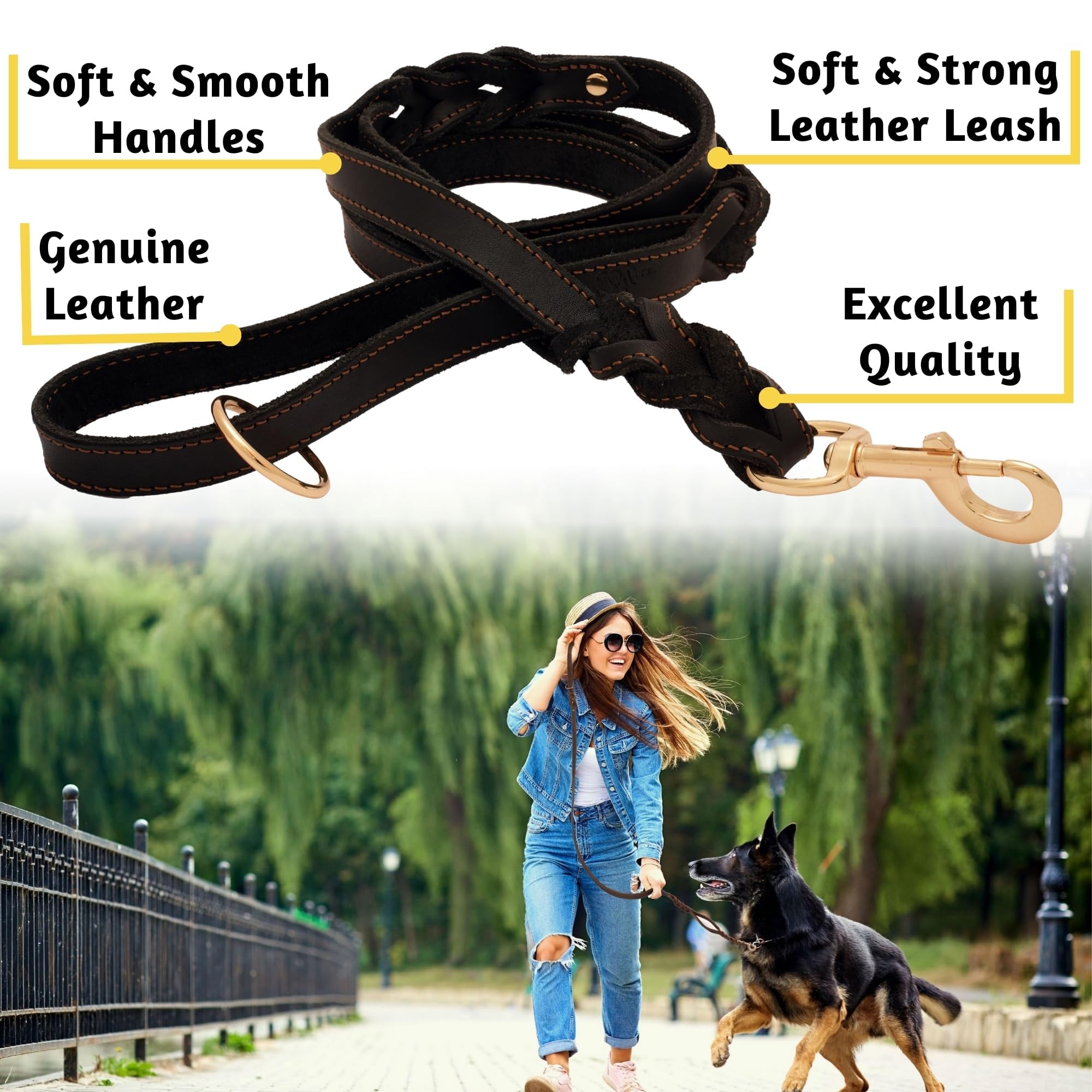 Adityna Double Handle Leather Dog Leash 6Ft - Heavy Duty Braided Leash With Traffic Handle - Lead For Training And Walking Large & Medium Dogs