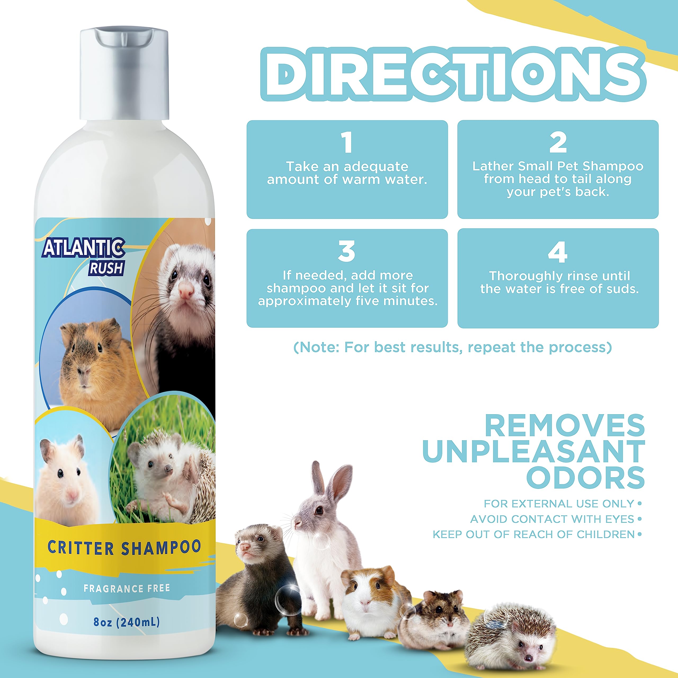 Atlantic Rush Critter Shampoo for Small Pets - 8 oz Fragrance-Free & Sensitive Skin Formula for Ferrets, Guinea Pigs, Rabbits & More