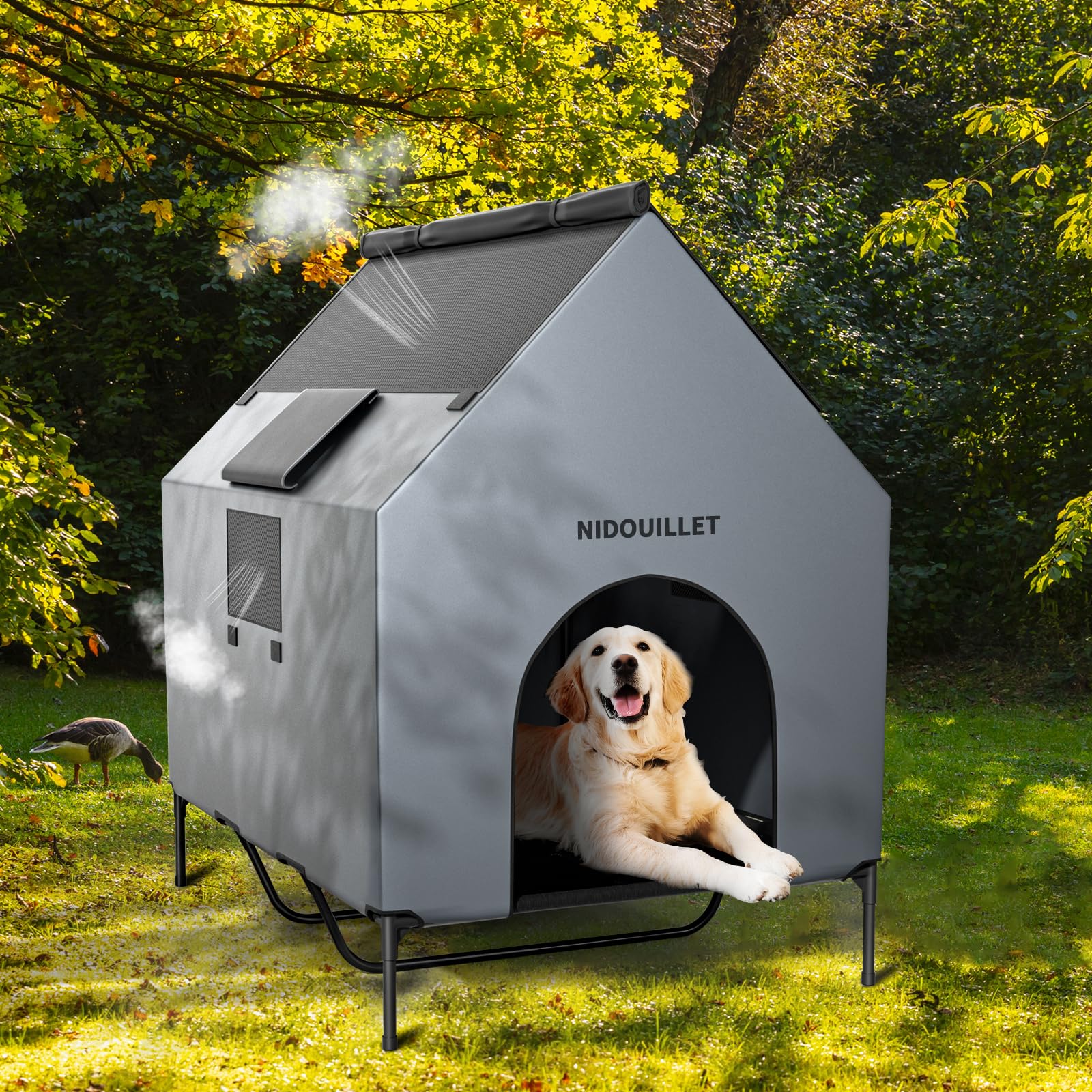 Nidouillet X-Large Weatherproof Dog House, 48" Elevated Dog Bed, Breathable Textilene, Gray, Max 200lbs, Model AB031502