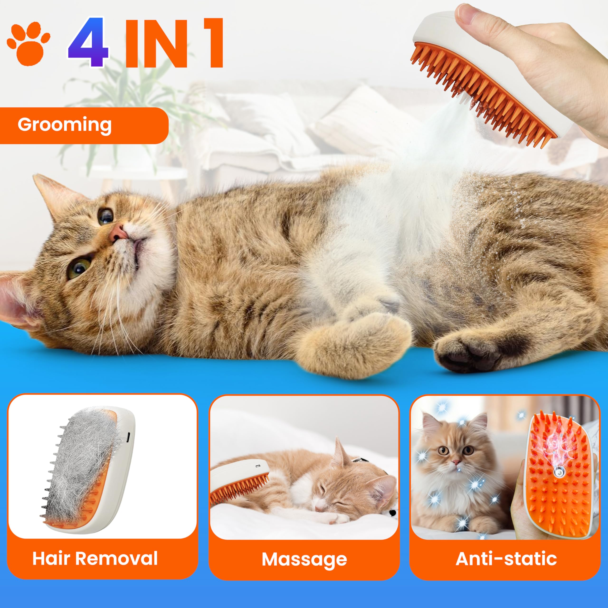 Wikiazon 4 In 1 Cat Steam Brush, Anti Static Shedding Spray Comb, Hair Removal, Mist Indoor Steamy Grooming Brush For Dog, Water