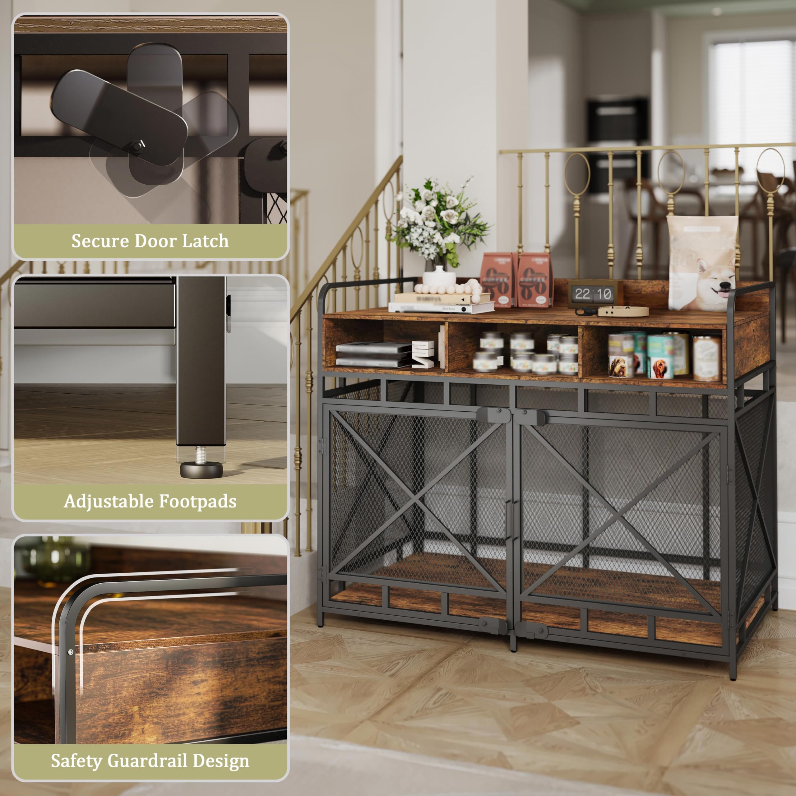 Dog Crate Furniture, 48 Inch Large Dog Kennel End Table with 3 Drawers, Heavy Duty Dog Crate for Large Dogs, Wooden Decorative X