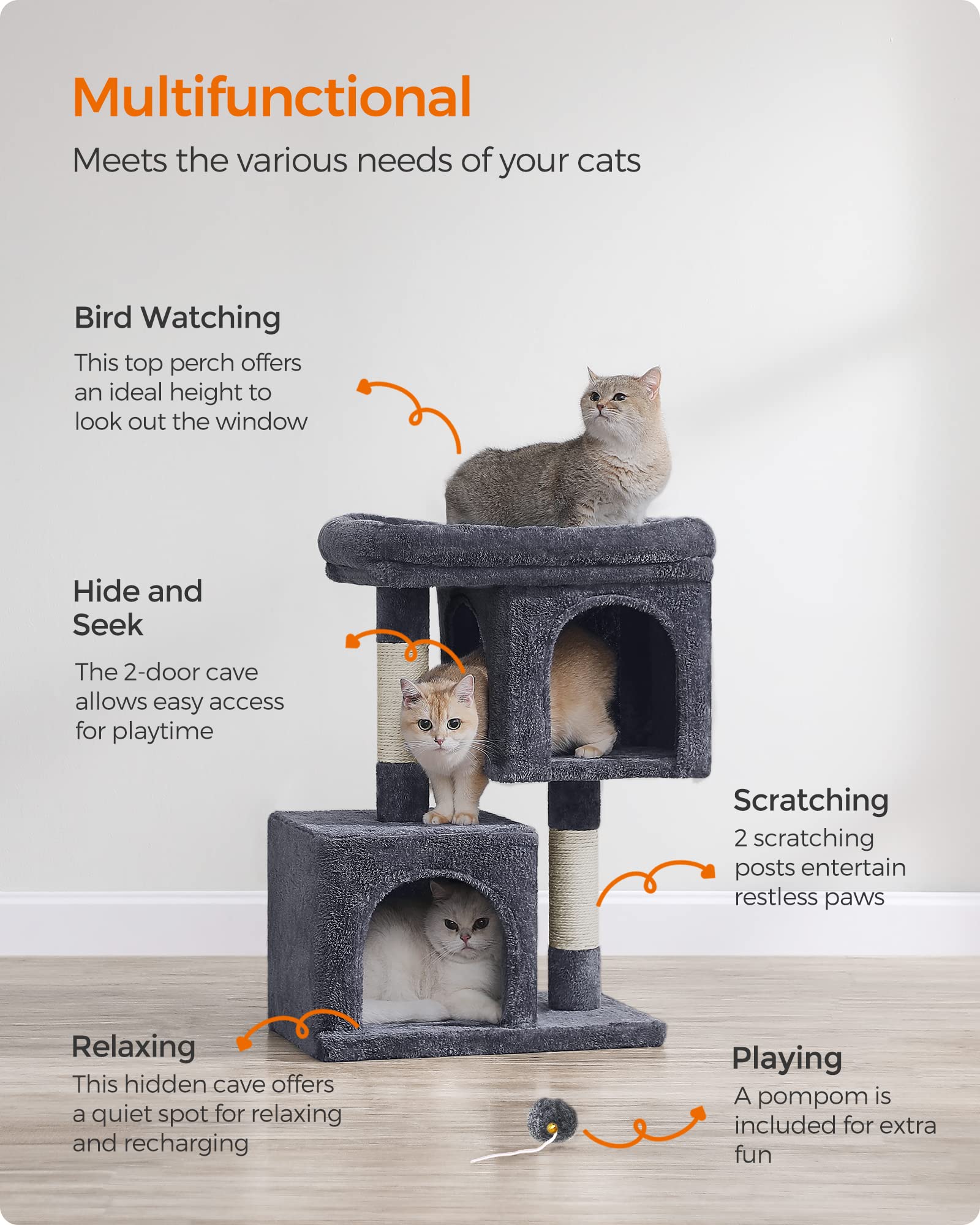 Feandrea Cat Tree, 29.1-Inch Cat Tower, M, Cat Condo For Medium Cats Up To 11 Lb, Large Cat Perch, 2 Cat Caves, Scratching Post,