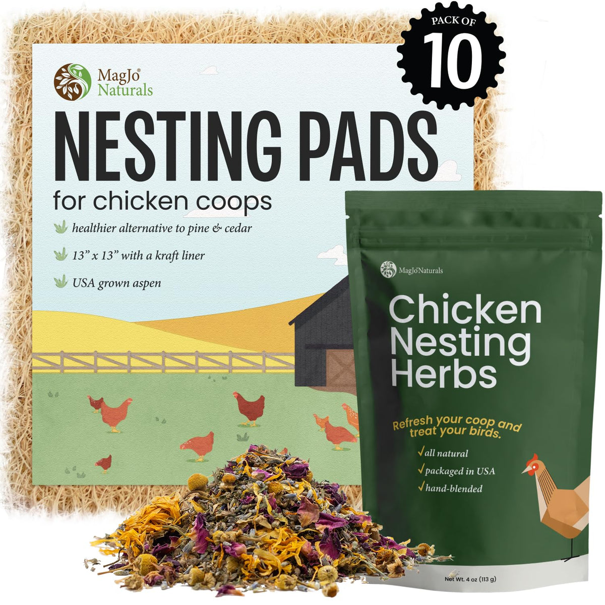 Magjo Pet Natural Aspen Shaving Nesting Liners (10 Pack With 4 Ounce Herb Packet)