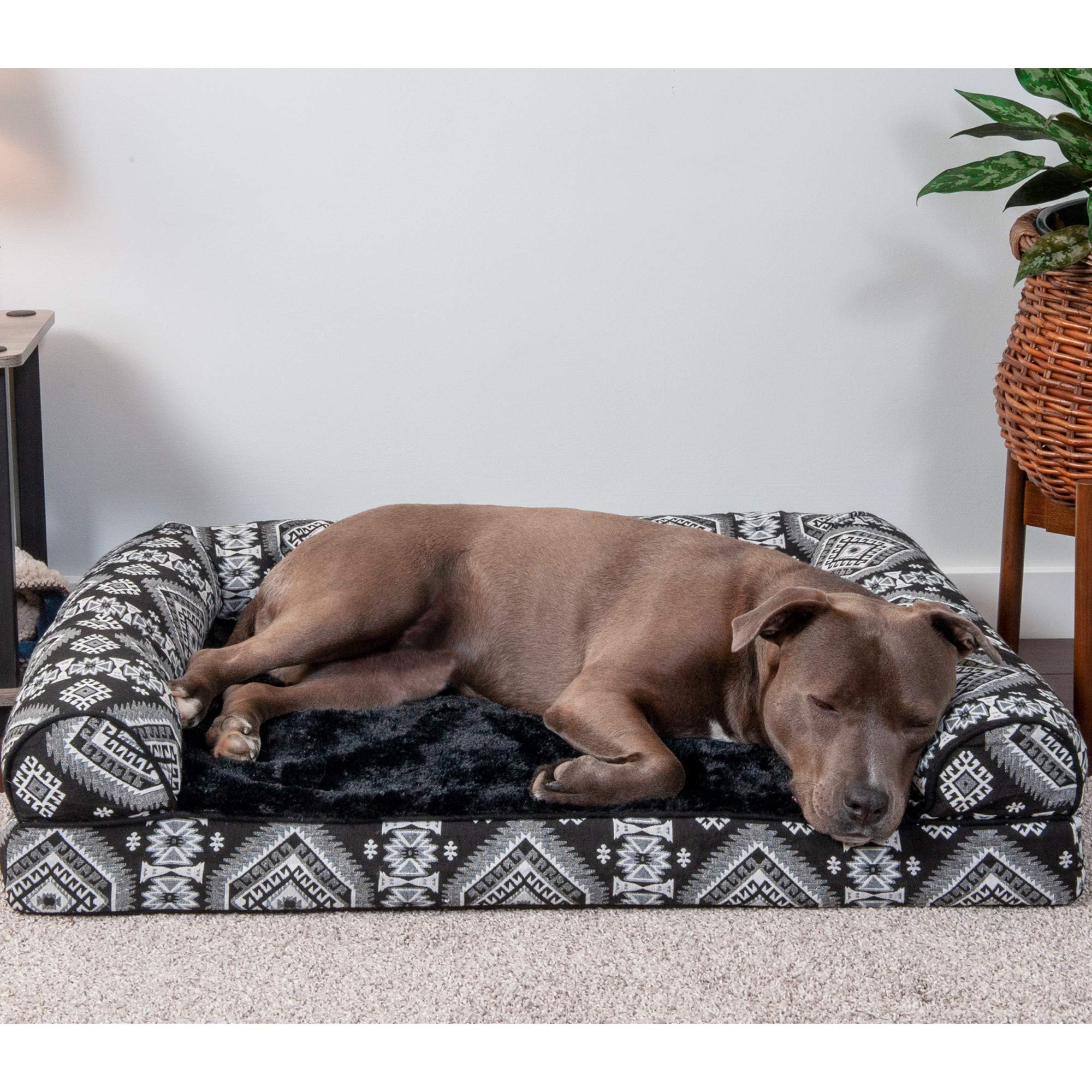 Furhaven Orthopedic Dog Bed For Large/Medium Dogs W/ Removable Bolsters & Washable Cover, For Dogs Up To 55 Lbs - Plush & Southwest Kilim Woven Decor Sofa - Black Medallion, Large