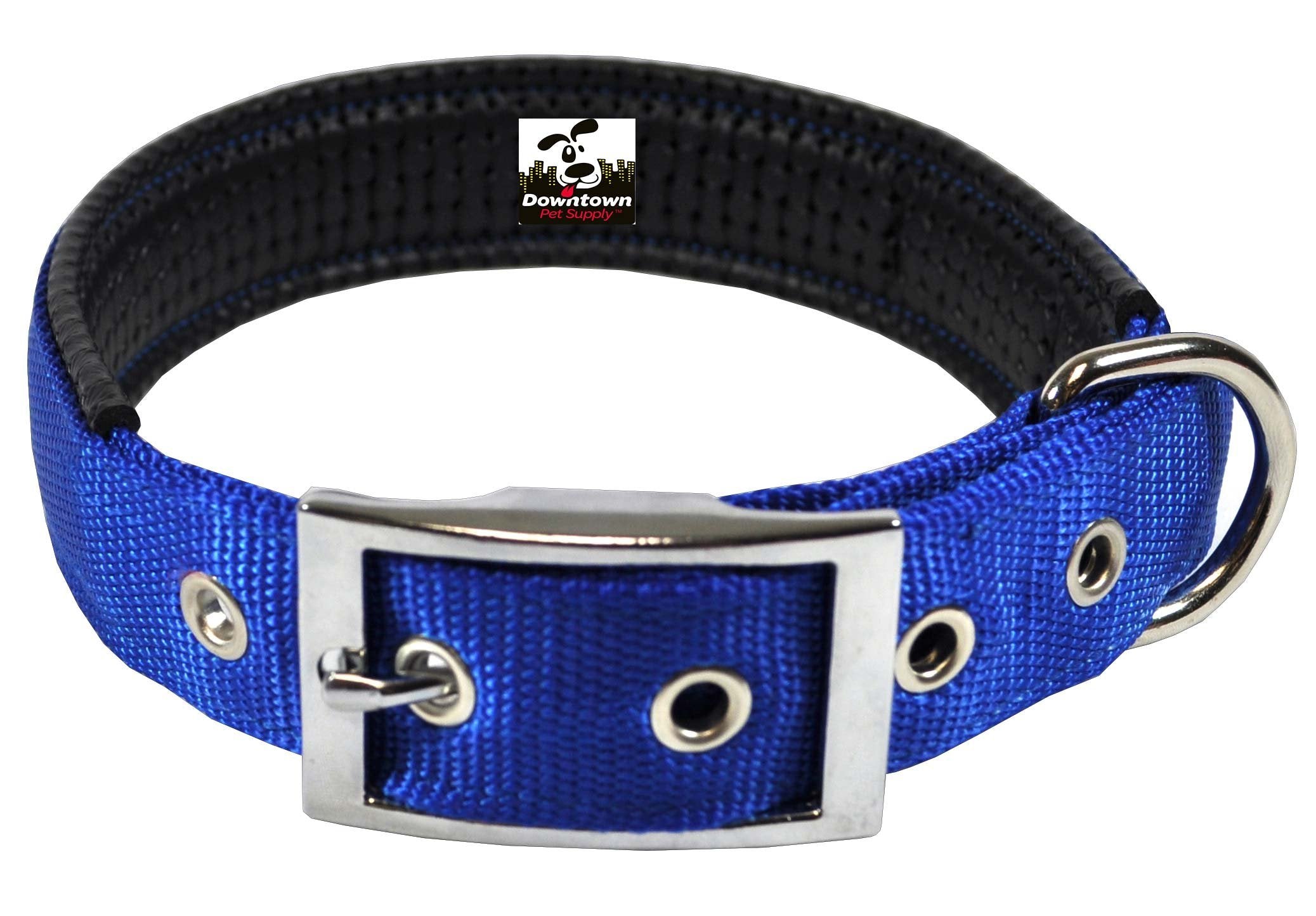Downtown Pet Supply Deluxe Padded Adjustable Dog Collar - Metal Buckle & D-Ring - Machine Washable & Water Resistant - Blue - S
