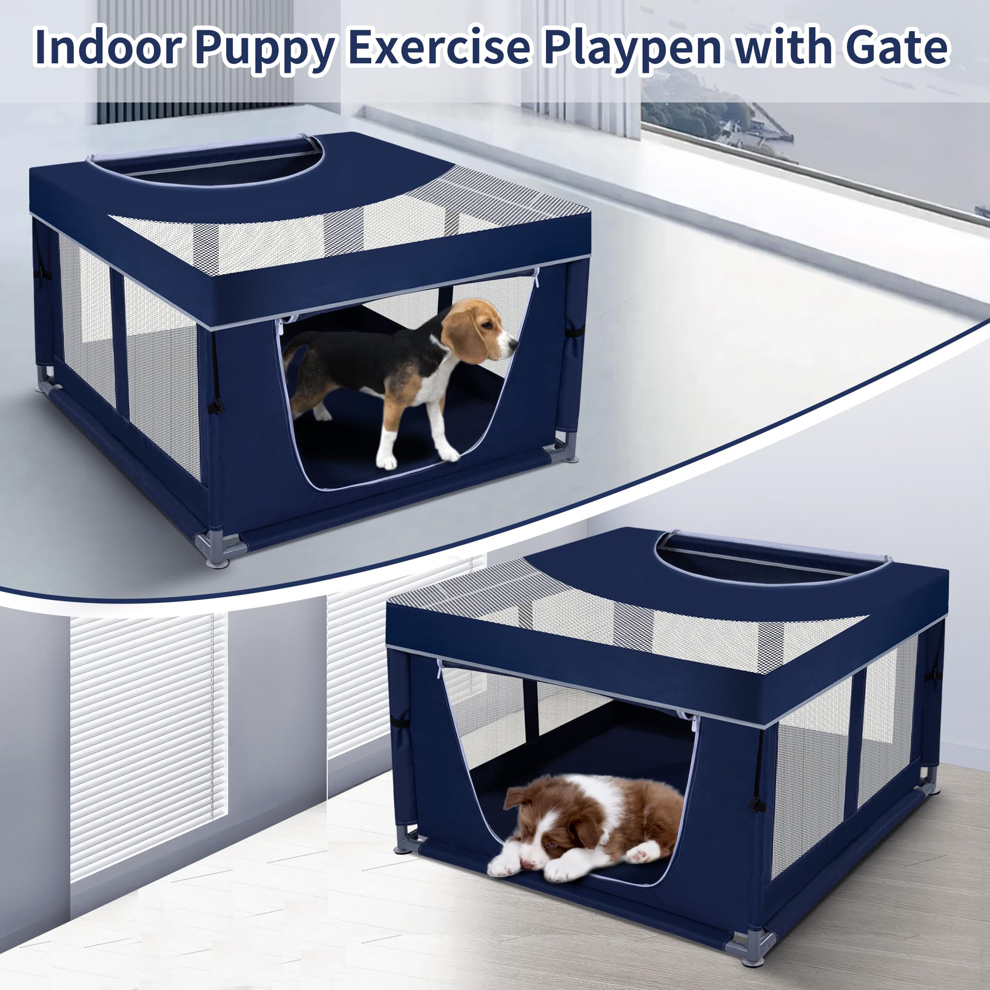 Dog Kitten Playpen With Play Pen Cover For Cat Indoor, 42X42 X25.5 Puppy Playpen For Small Pet With See-Through Topper Proof Enc
