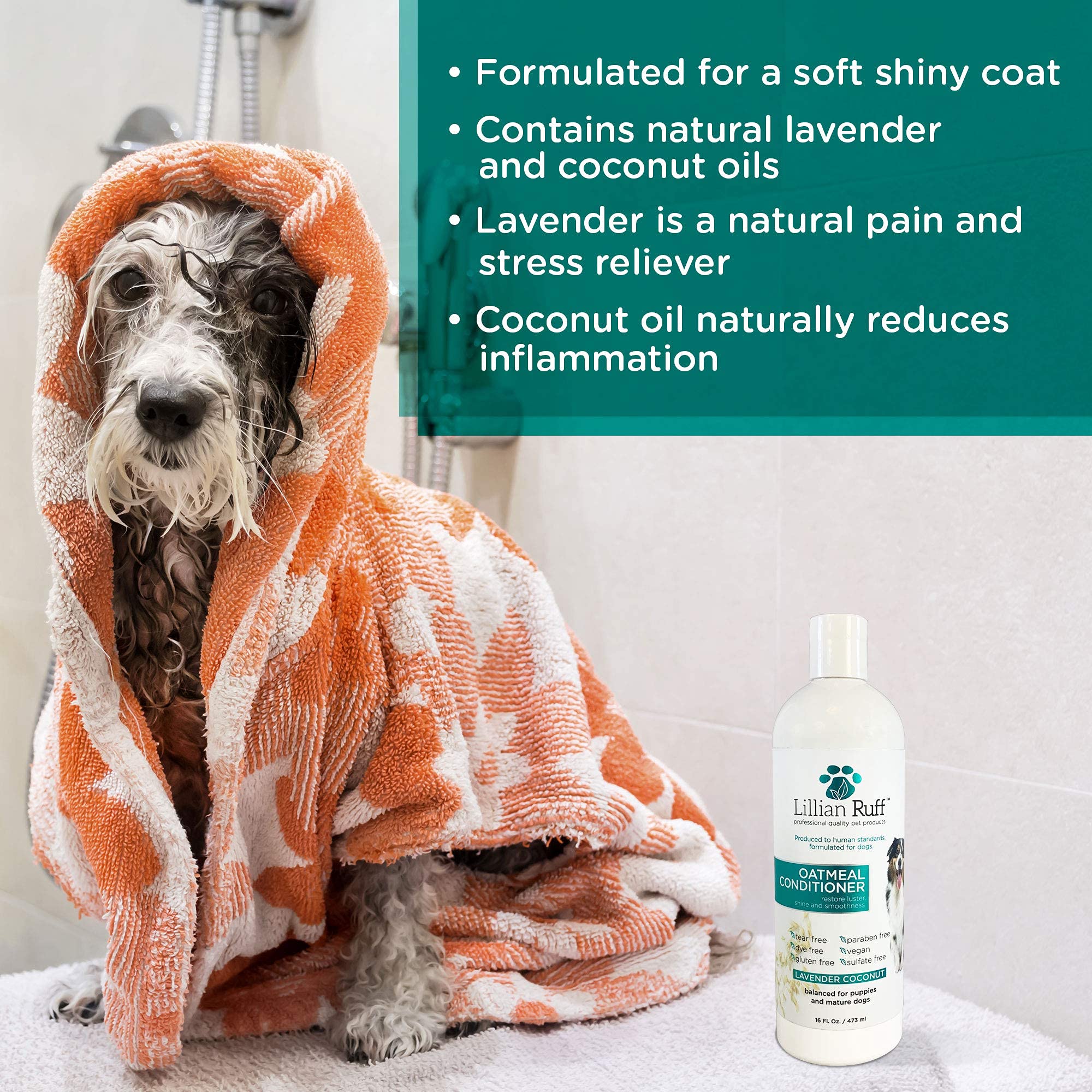 Lillian Ruff Calming Oatmeal Pet Conditioner For Dry Skin & Itch Relief With Aloe & Hydrating Essential Oils - Replenish Moisture & Deodorize - Dog Conditioner For Normal/Sensitive Skin (16Oz & Brush)