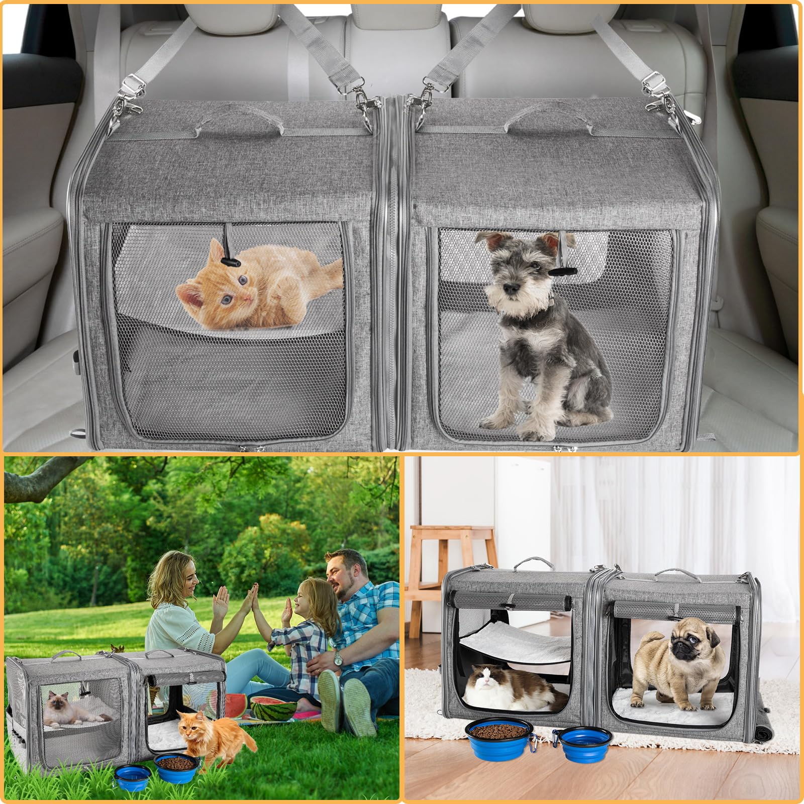 Suertree Cat Carrier For 2 Cats, Pet Travel Carrier For Cats And Small Dogs Up To 45 Lbs, Bowls, And Locking Zippers
