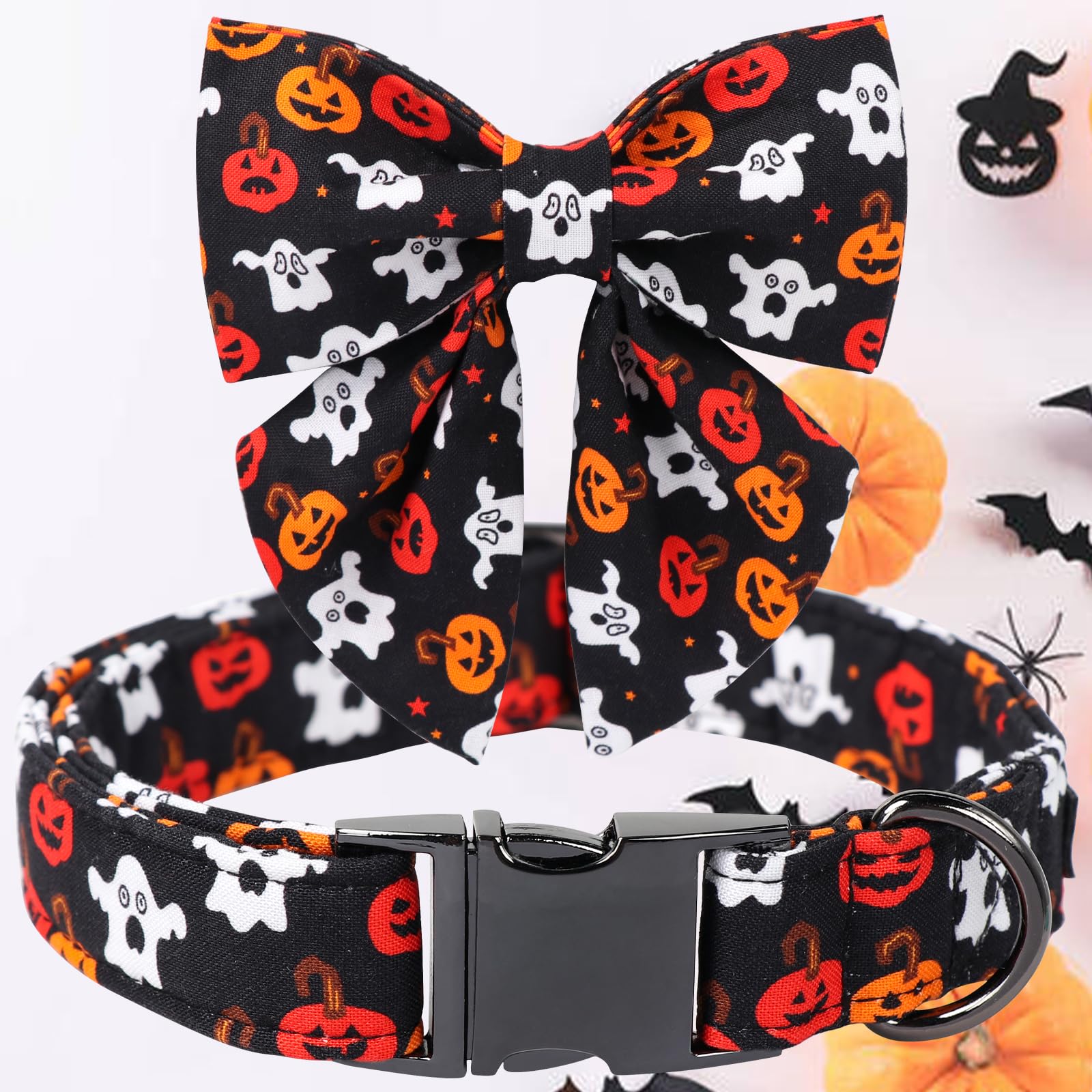 Maca Bates Halloween Dog Collar Spooky Ghost Dogs Collars With Bow Black And White Puppy Colar With Bowtie Adjustable Birthday Gift For Xs Small Medium Large Xl Girls Boys Male Female Dogs Pet