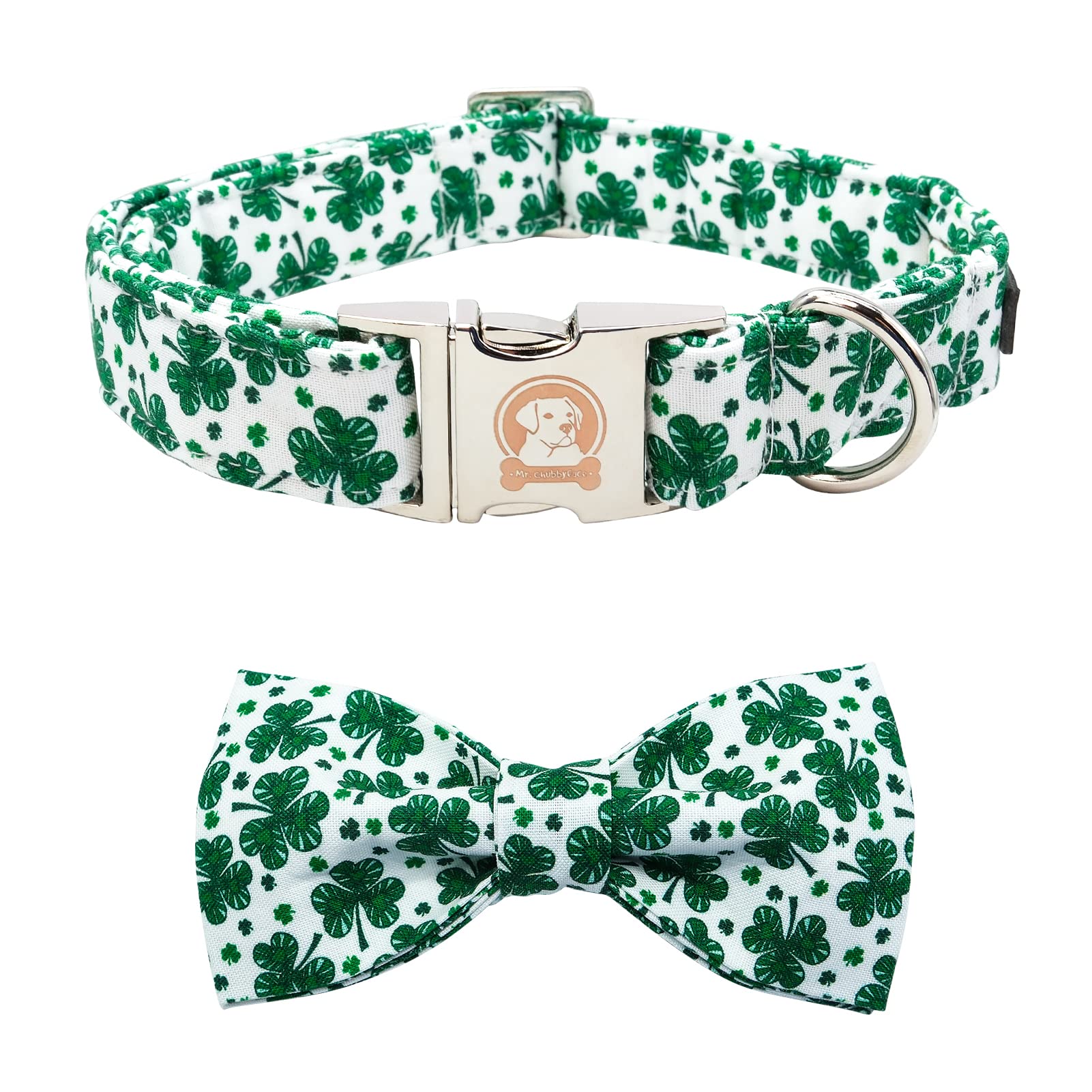 Mr. Chubbyface St.Patrick'S Day Green Clovers Dog Collar Adjustable Dog Collar Bow Tie For Small Medium Large Dogs