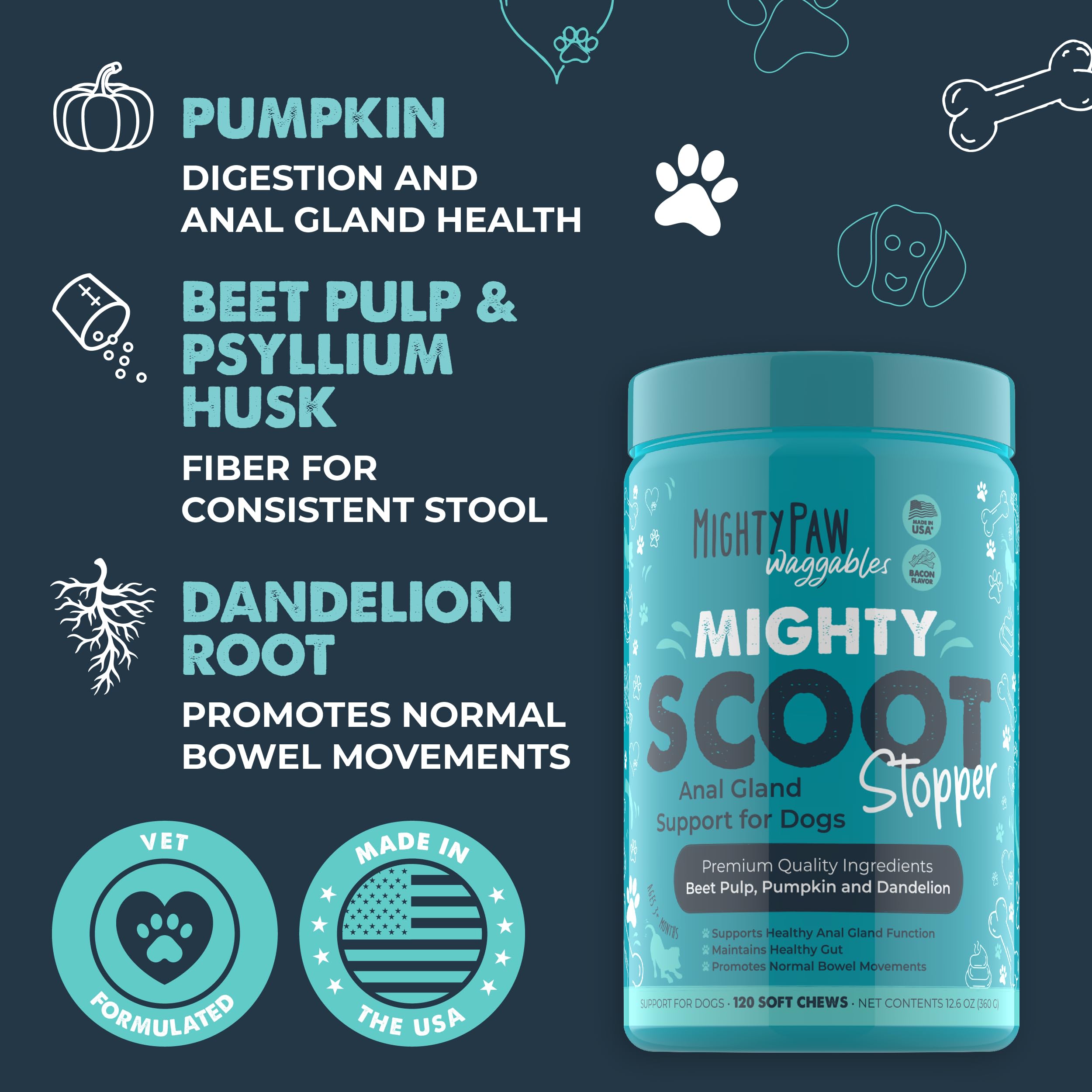 Mighty Paw Waggables Mighty Scoot (Made in USA) | Dog Digestive Support Anal Gland Chews. Anal Gland Scoot for Dogs. Beet Pulp &