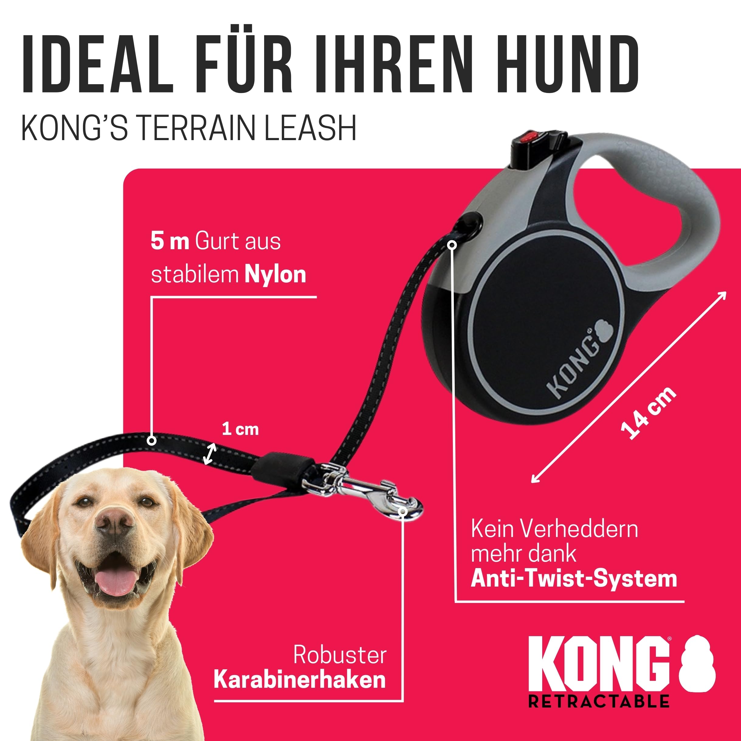 Alcott KONG Terrain Retractable Dog Leash, Medium, Grey, 16' Long.