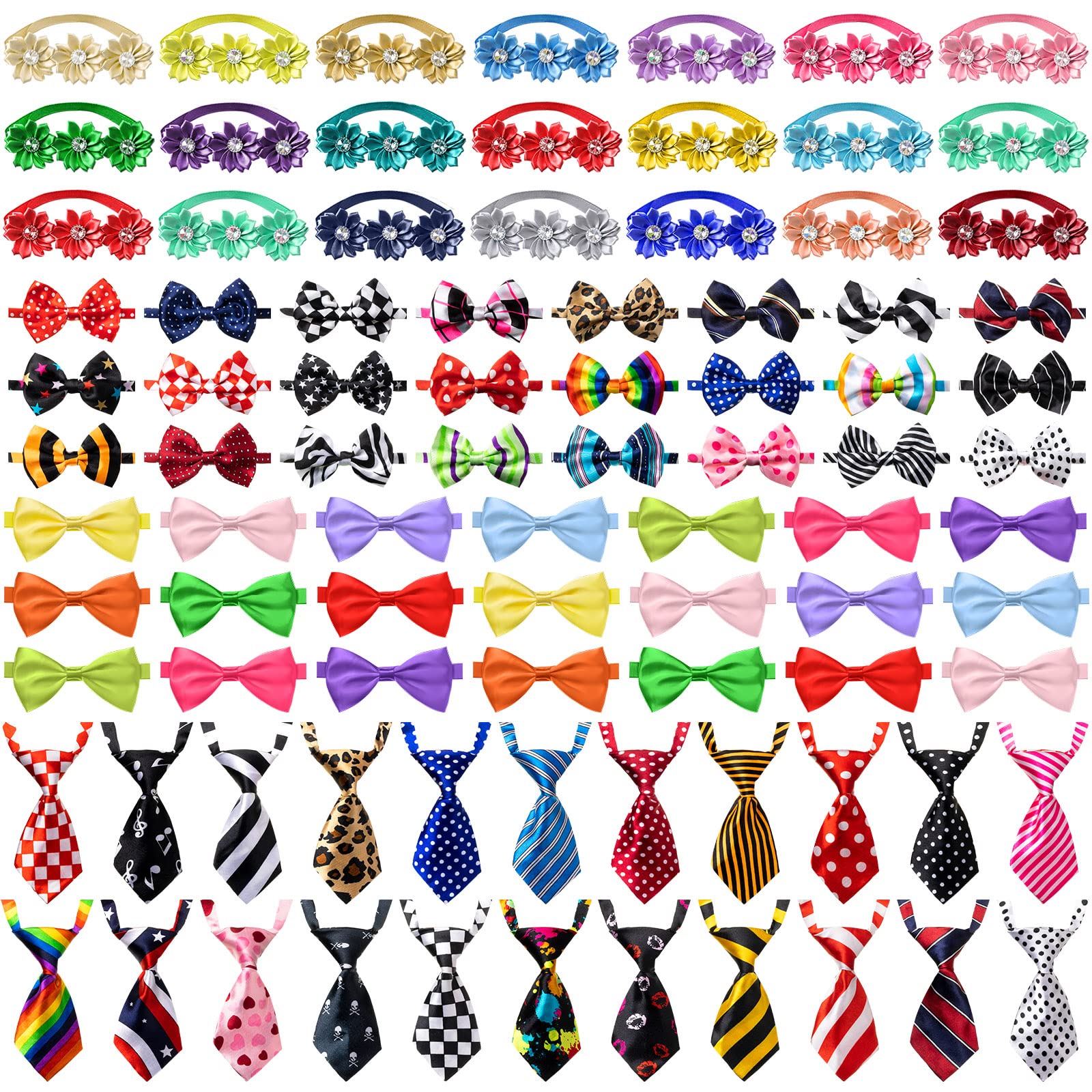 Chumia 100 Pcs Adjustable Dog Ties Set Includes 50 Bow Ties 25 Neckties 25 Flower Neck Tie Assorted Bowtie Collar Grooming Acces